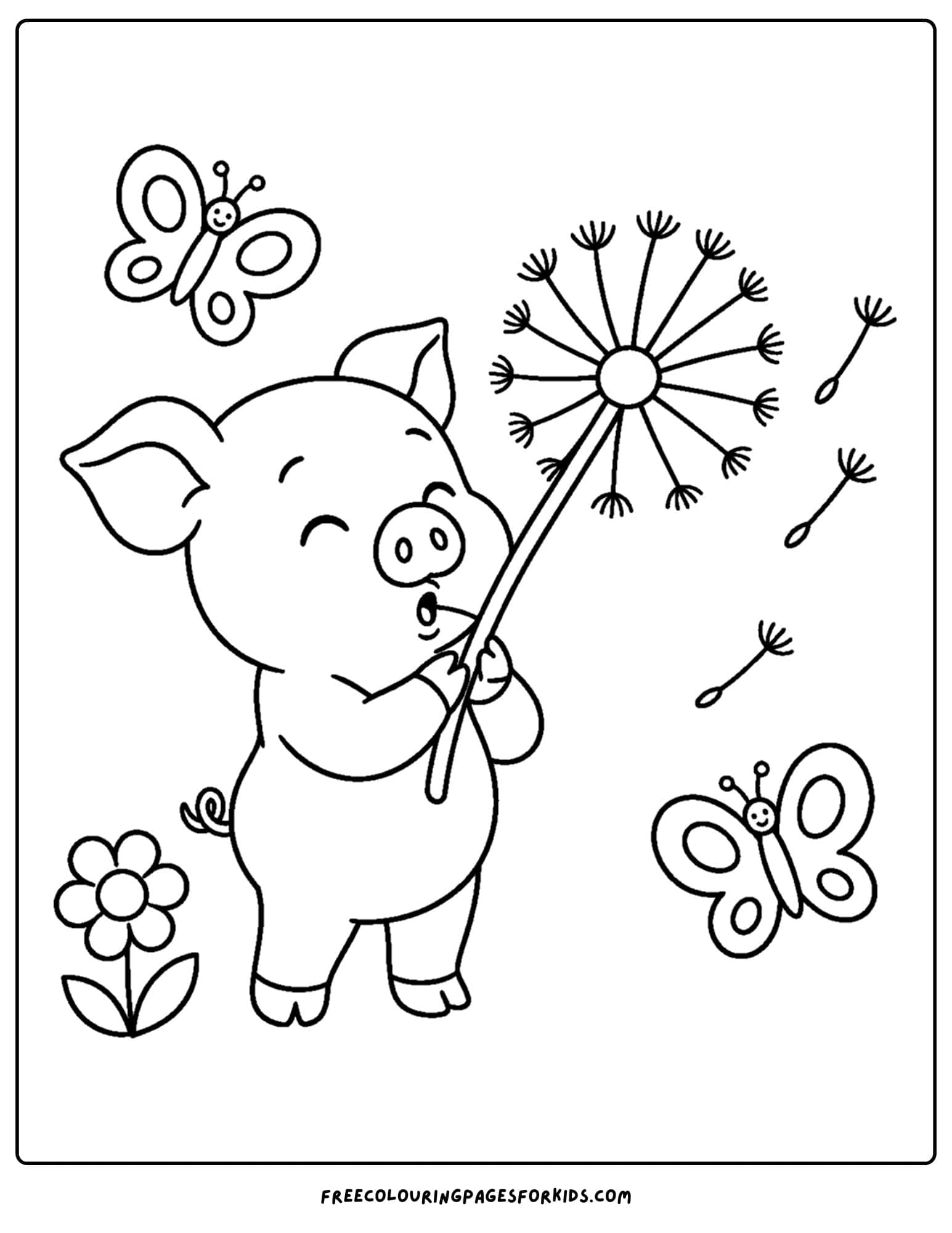 a whimsical coloring page of a piglet blowing on a dandelion