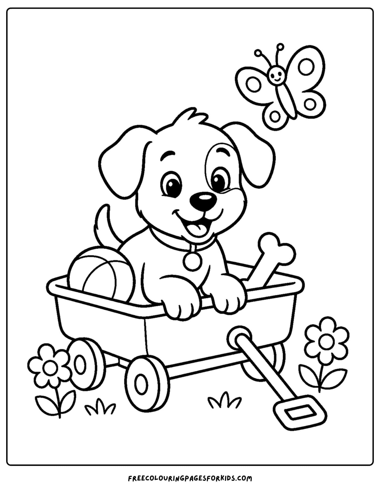 a whimsical coloring page of a puppy in a wagon