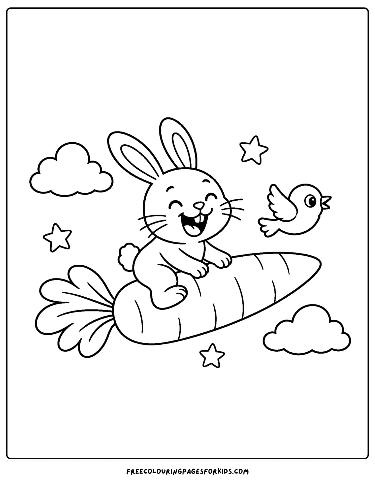 a whimsical coloring page of a rabbit riding a carrot in the sky