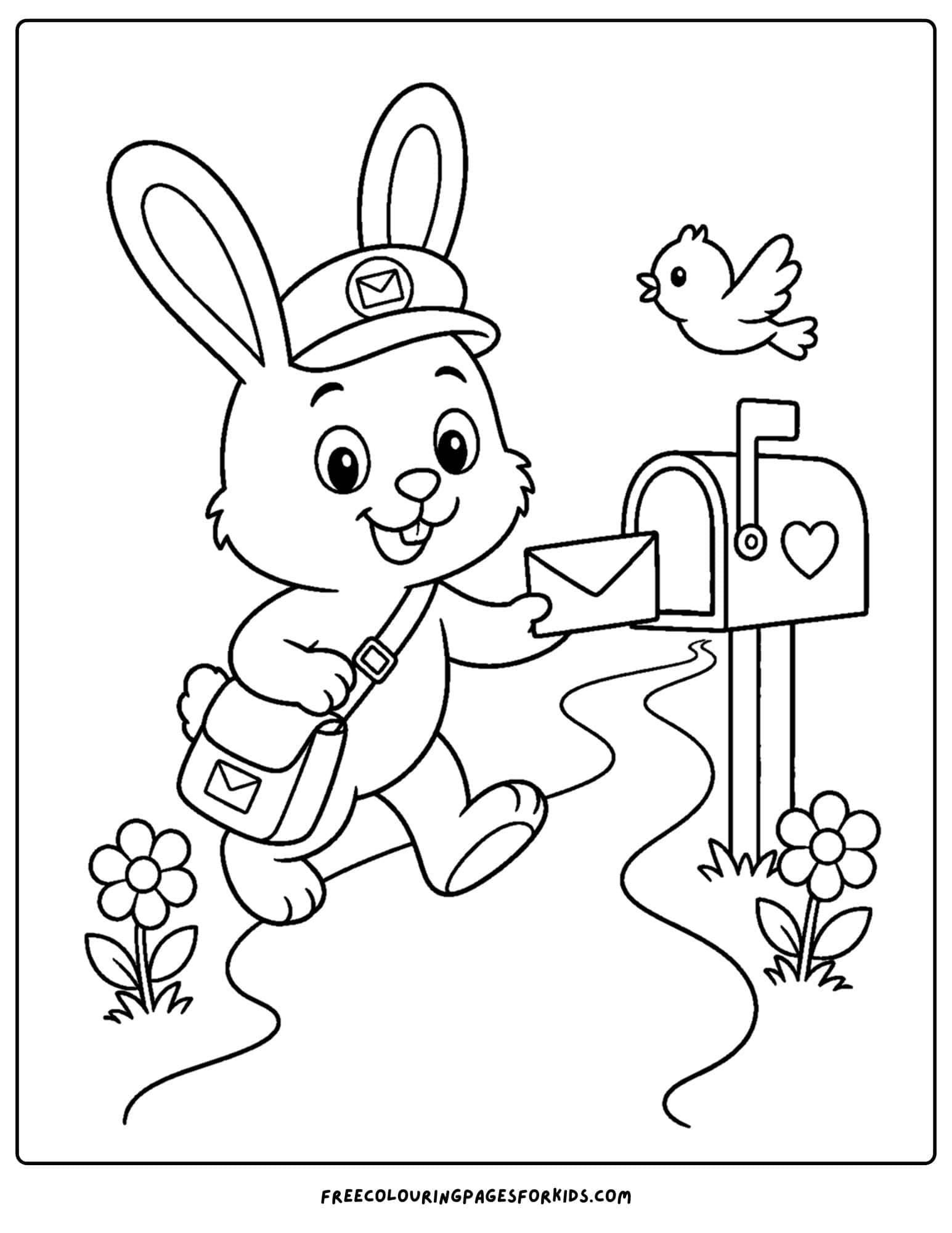 a whimsical coloring page of a rabbit delivering mail