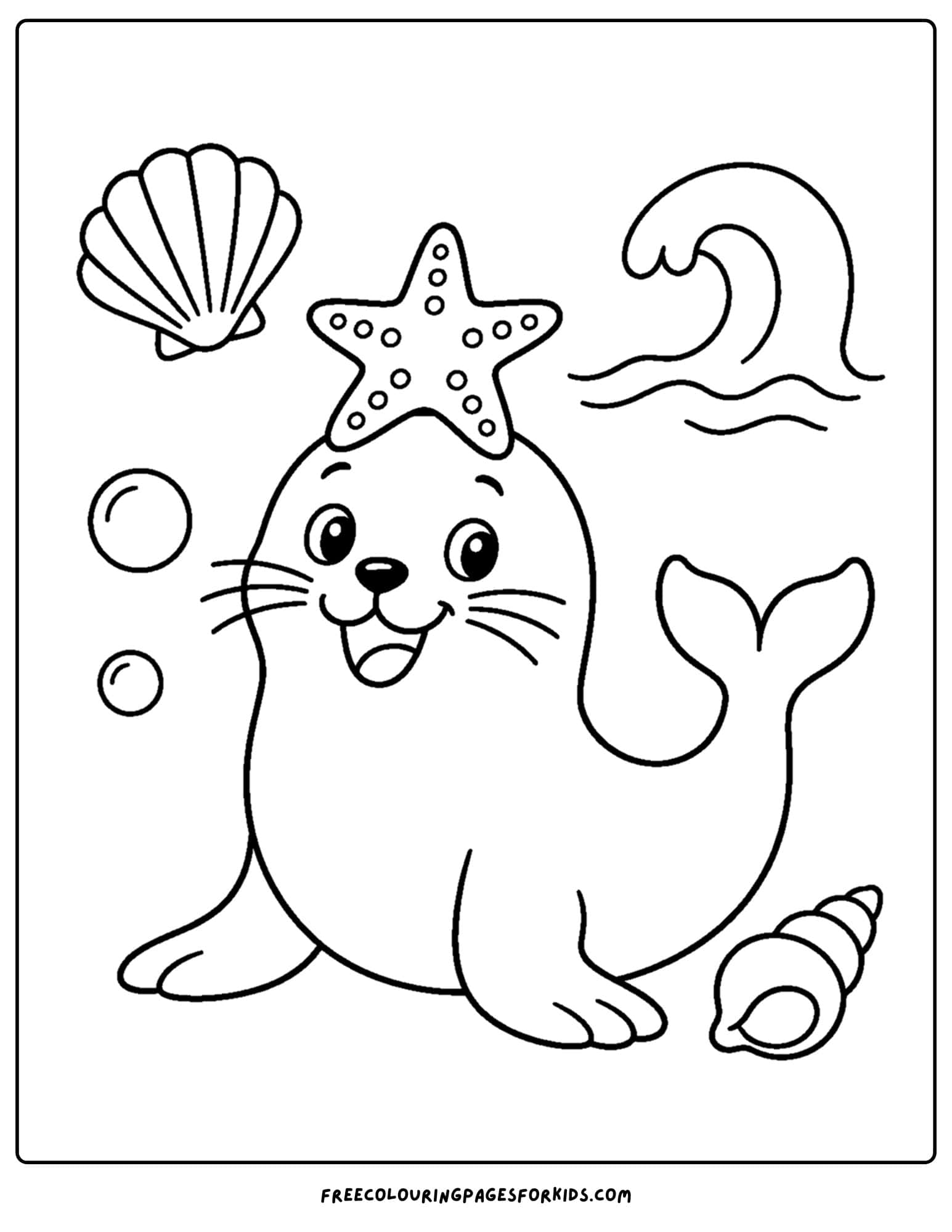 a whimsical coloring page of a seal with a starfish on its head
