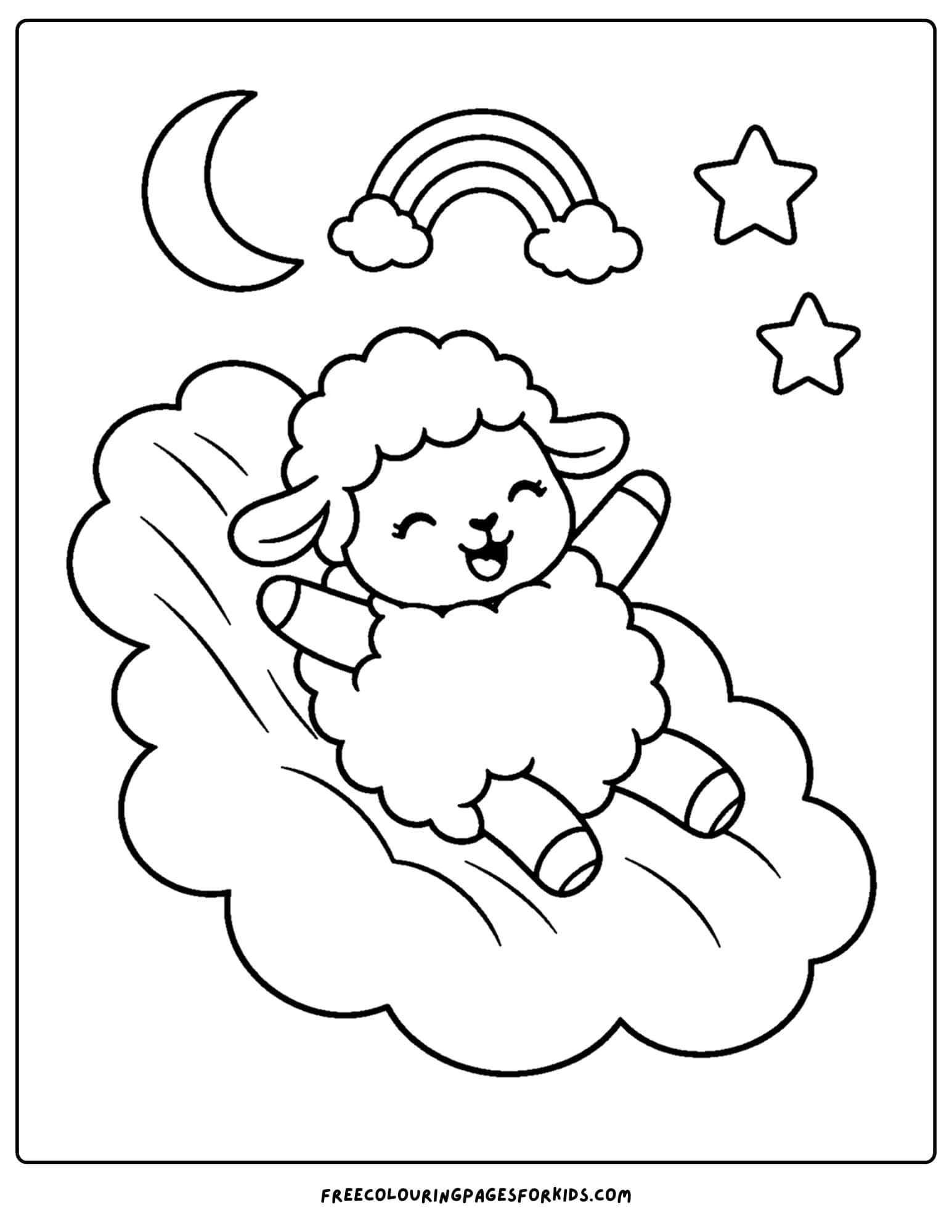 a whimsical coloring page of a sheep sliding down a cloud