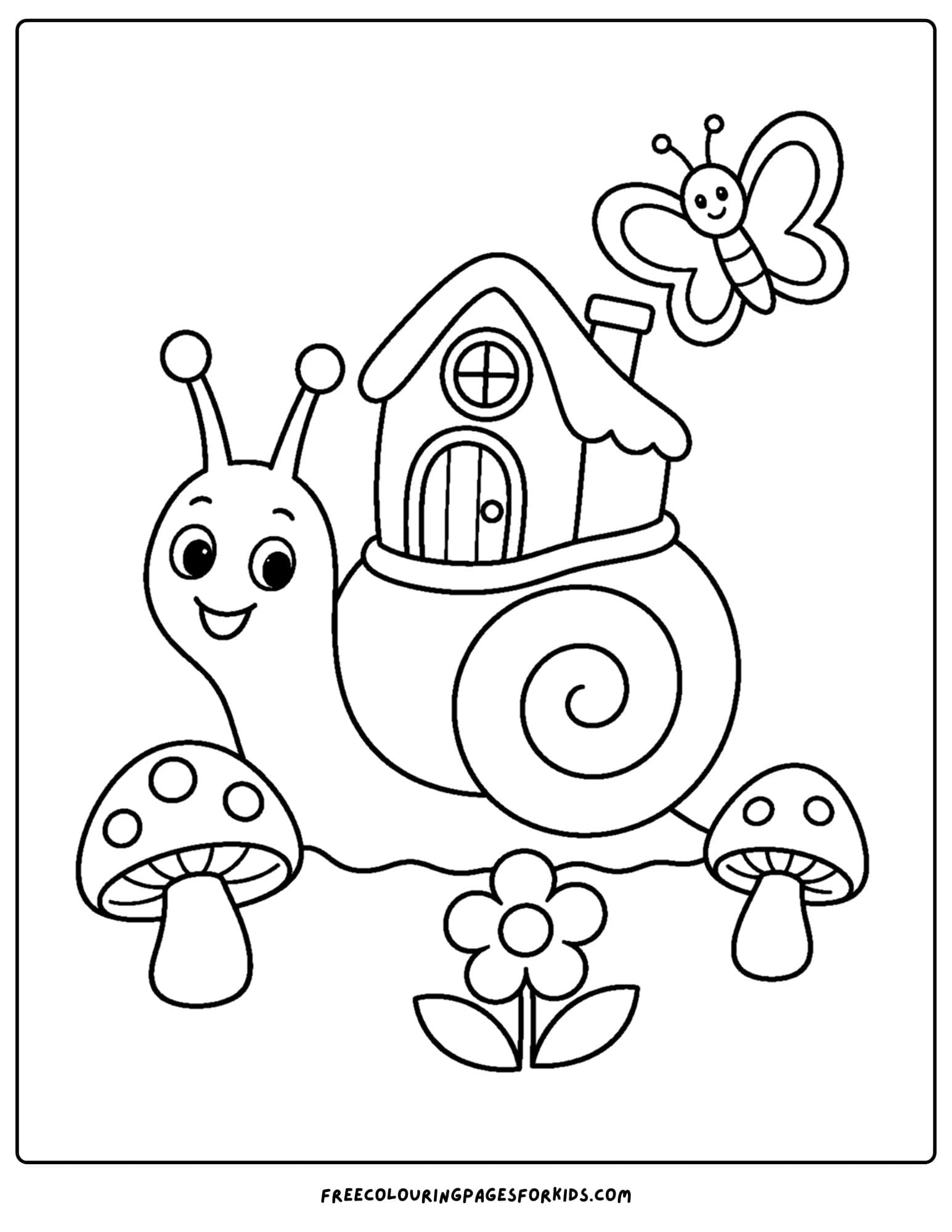 a whimsical coloring page of a snail with a house on its back