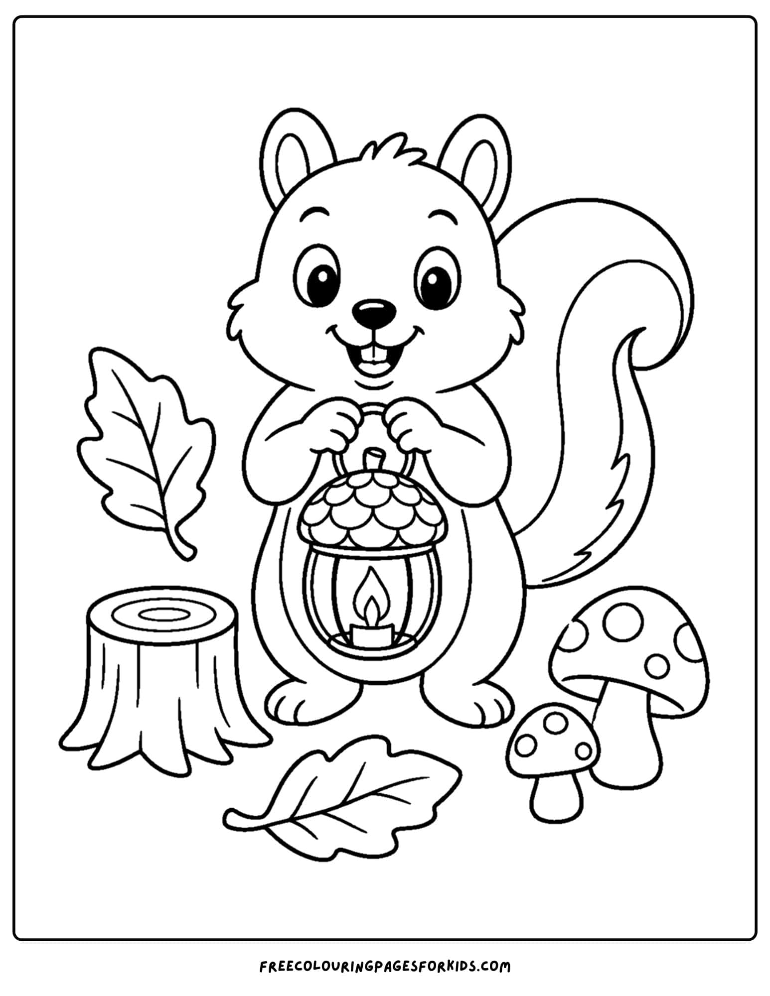a whimsical coloring page of a squirrel with an acorn shaped lantern