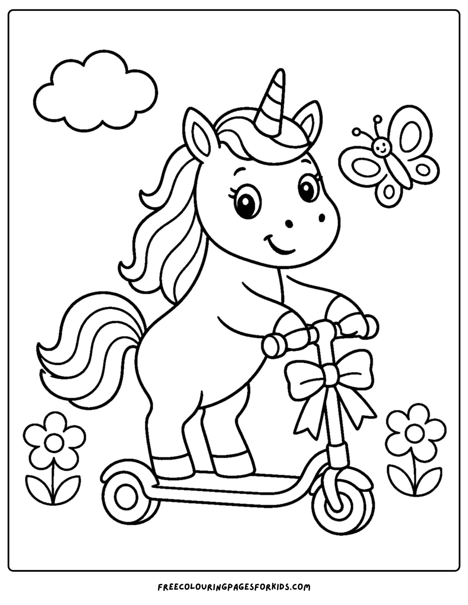 a whimsical coloring page of a unicorn riding a scooter