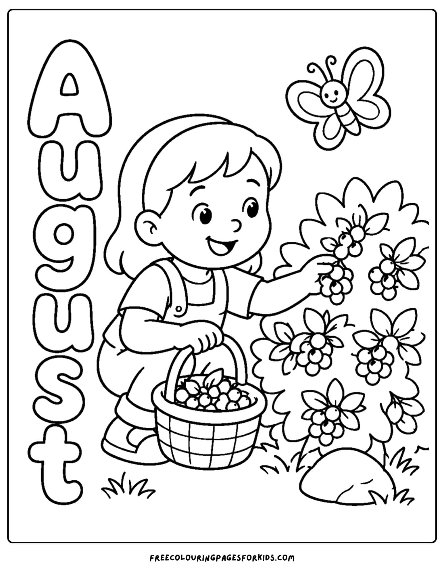 an august month of the year coloring page showing a girl picking berries