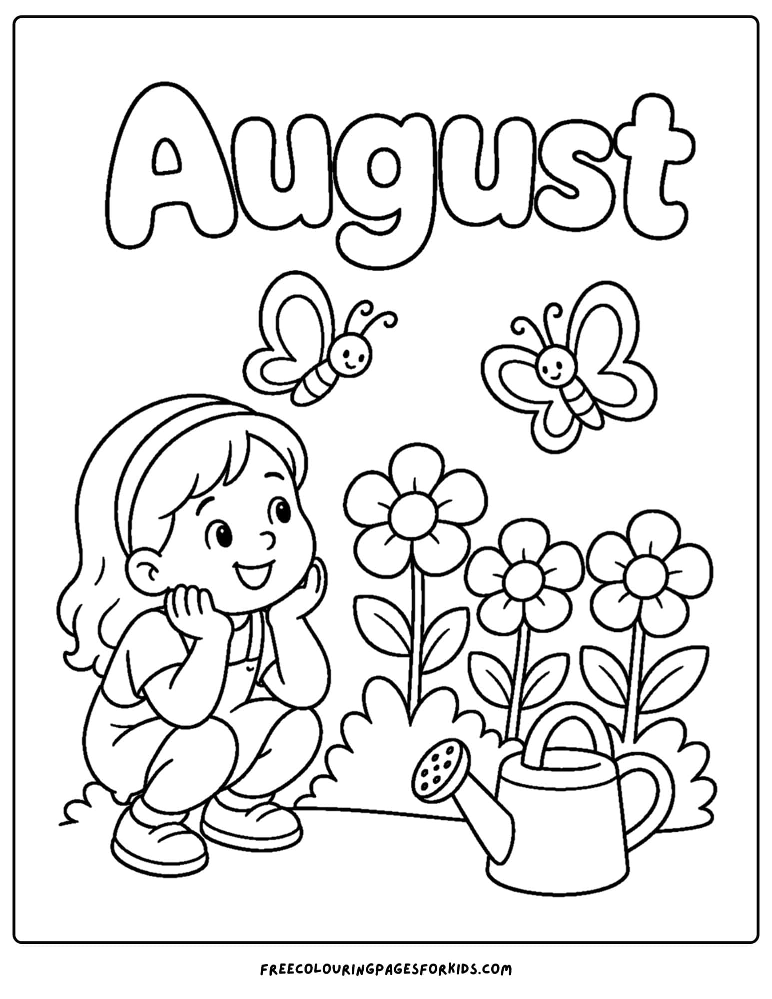 an august month of the year coloring page showing a girl watching a butterfly in a garden
