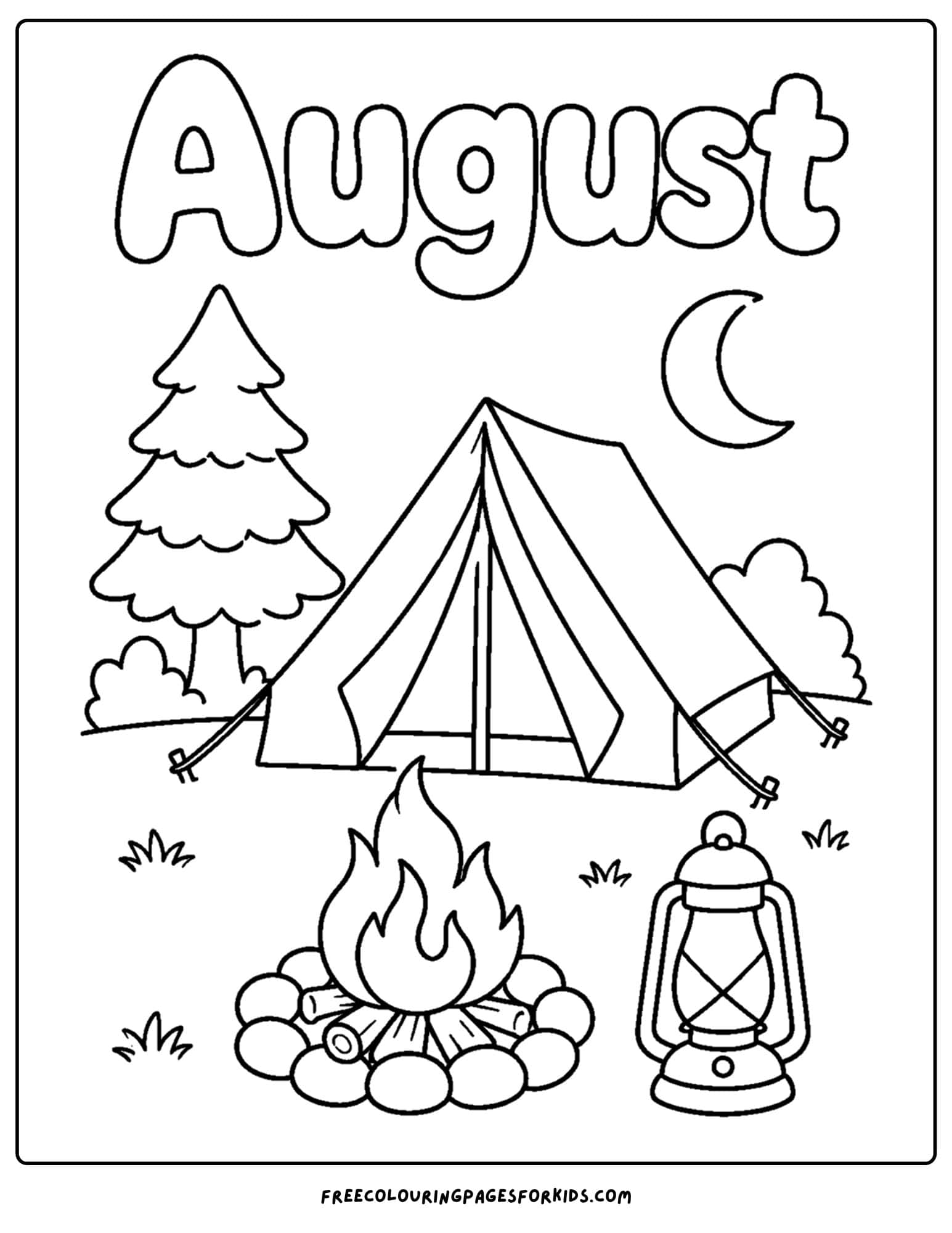 an august month of the year coloring page showing a campsite at night