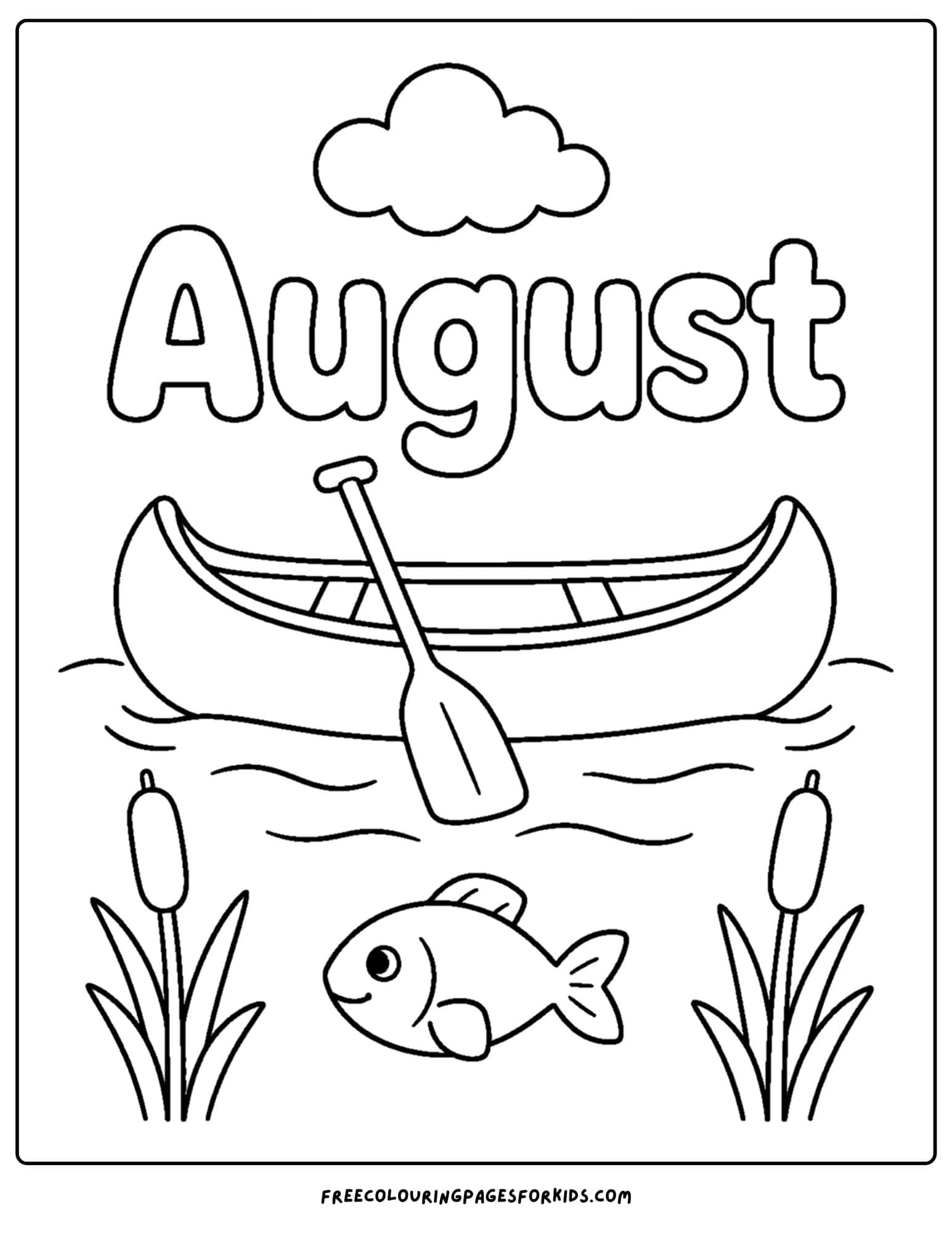 an august month of the year coloring page showing a canoe on the lake