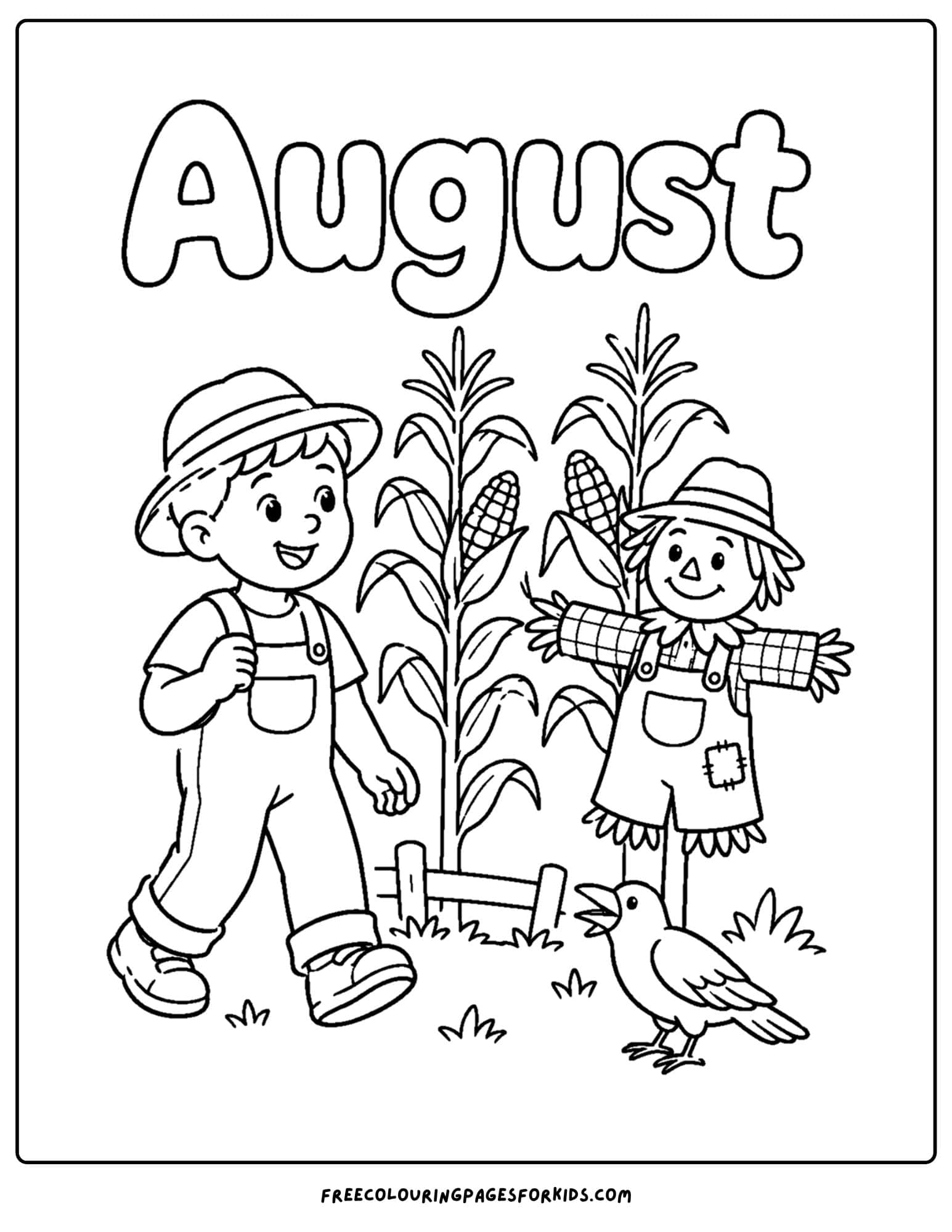 an august month of the year coloring page showing a child going for a walk in a cornfield