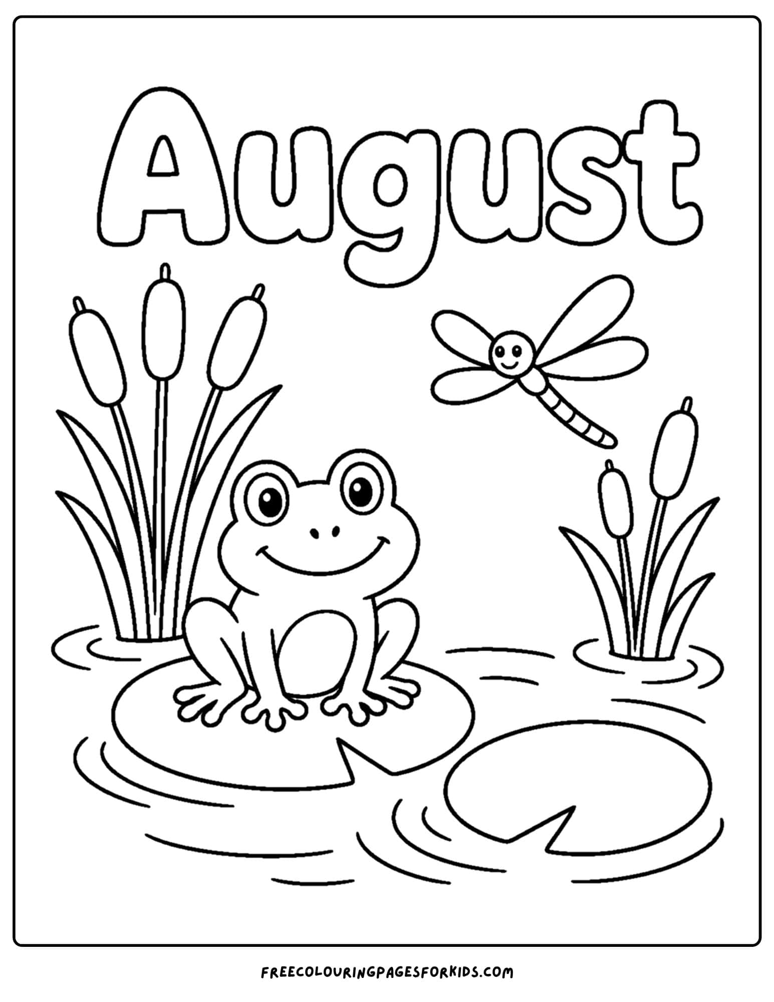 an august month of the year coloring page showing a dragonfly by a pond