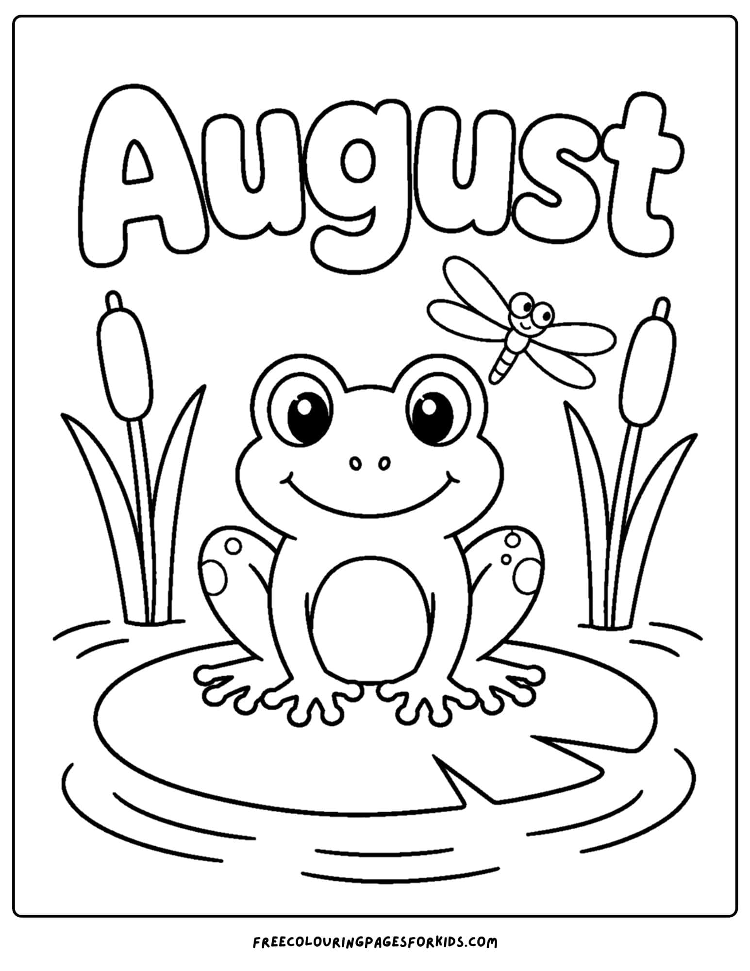 an august month of the year coloring page showing a frog on a lilypad