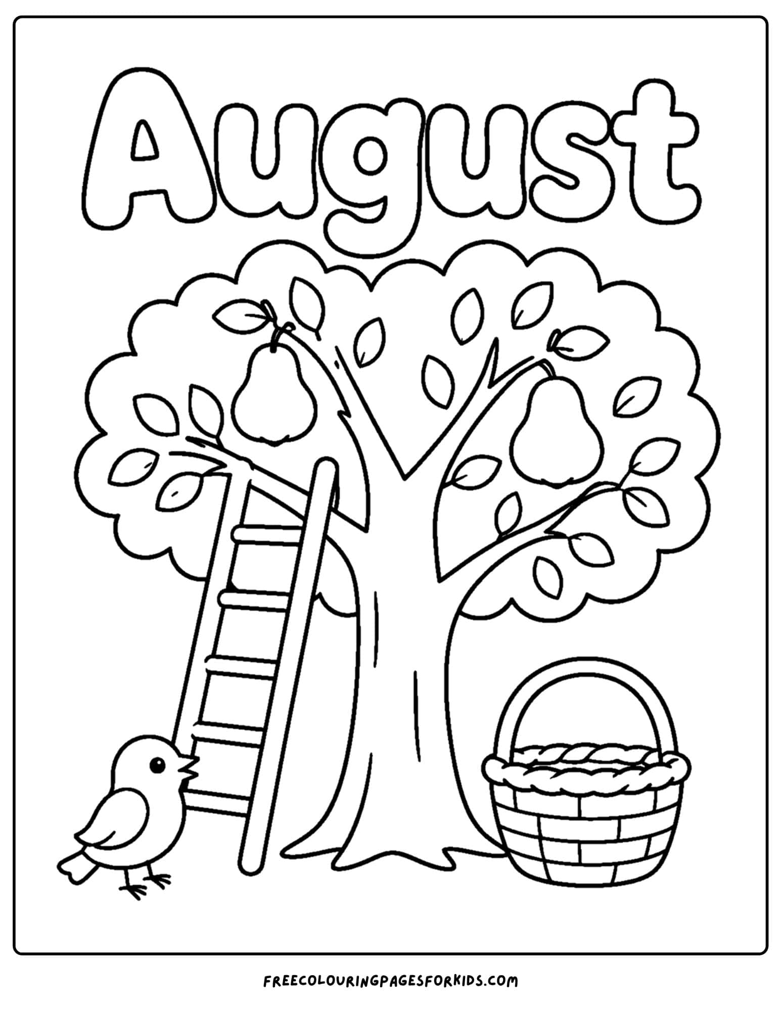 an august month of the year coloring page showing a fruit tree ready for harvest