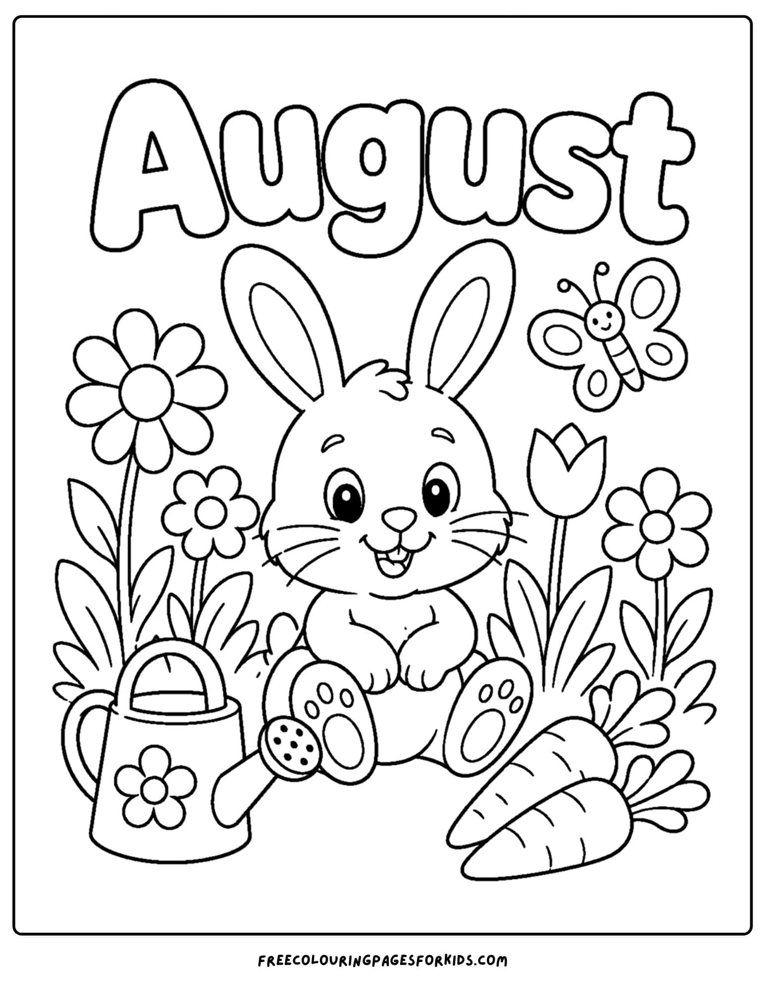 an august month of the year coloring page showing a bunny in a garden
