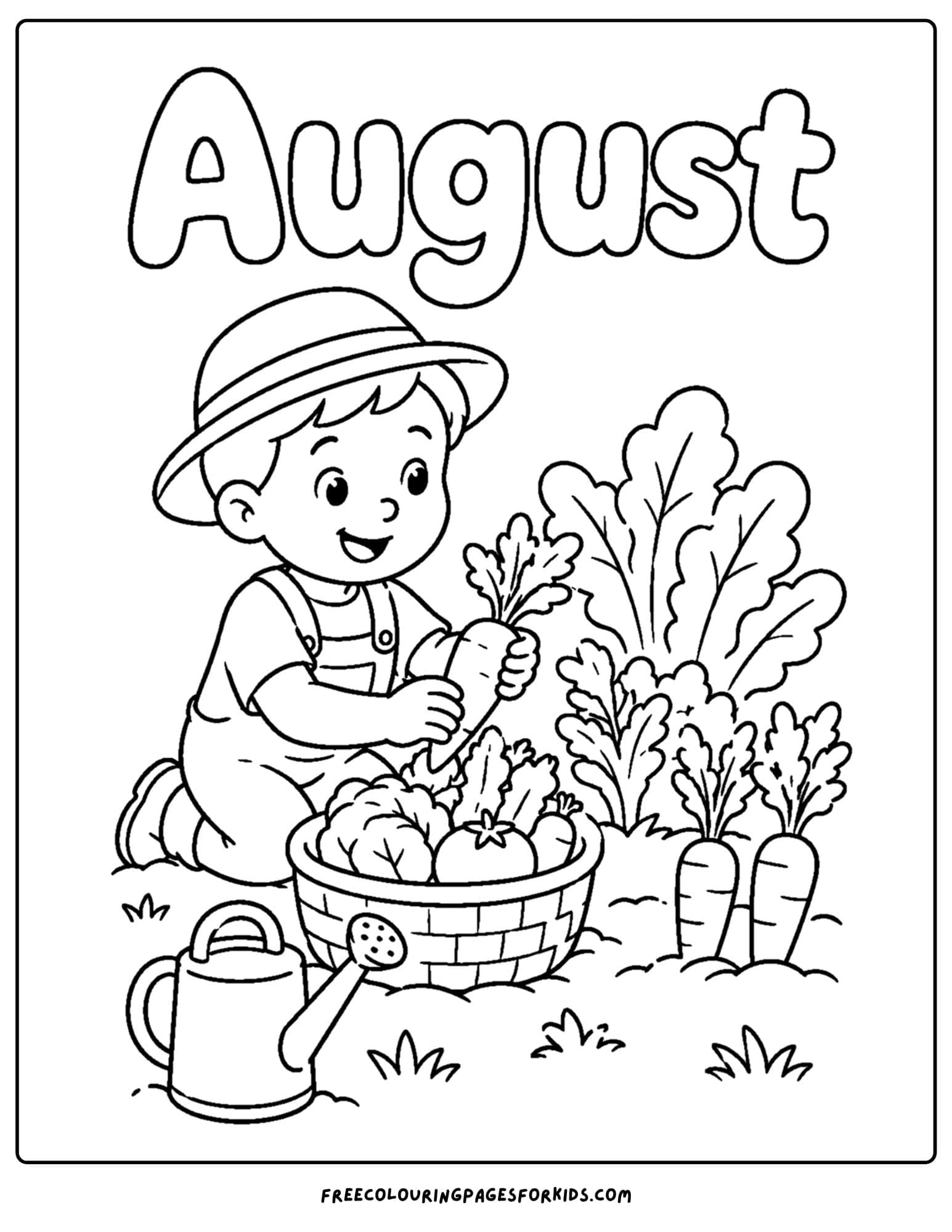 an august month of the year coloring page showing a child harvesting vegetables