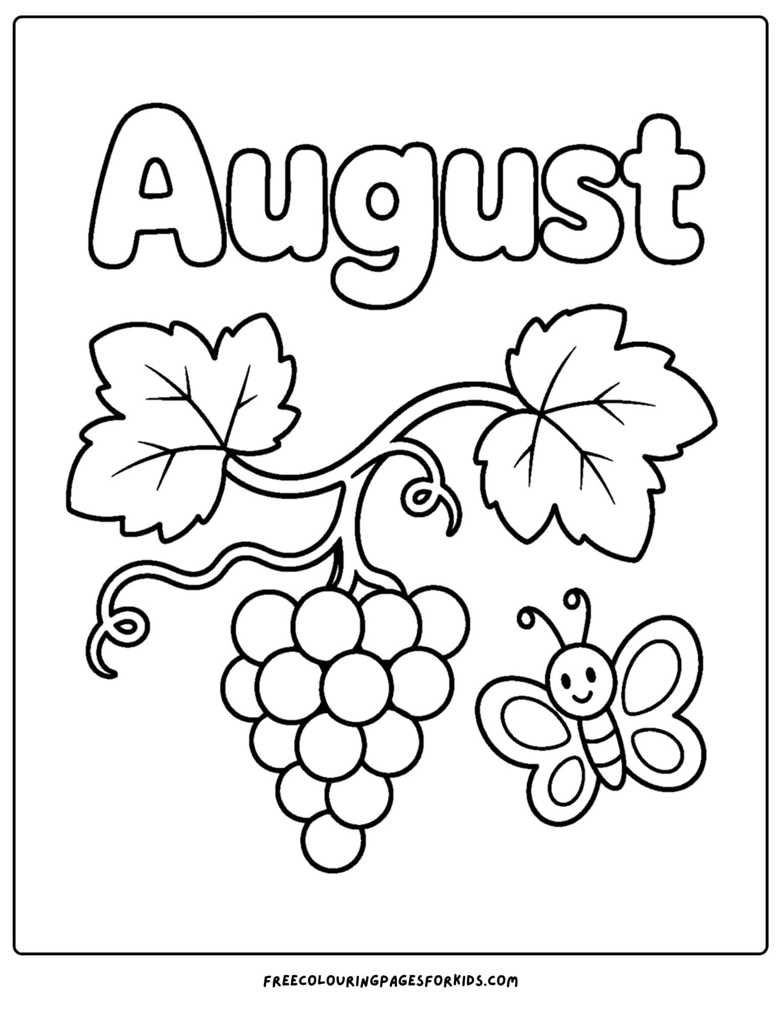 an august month of the year coloring page showing a grapevine with grapes and a butterfly