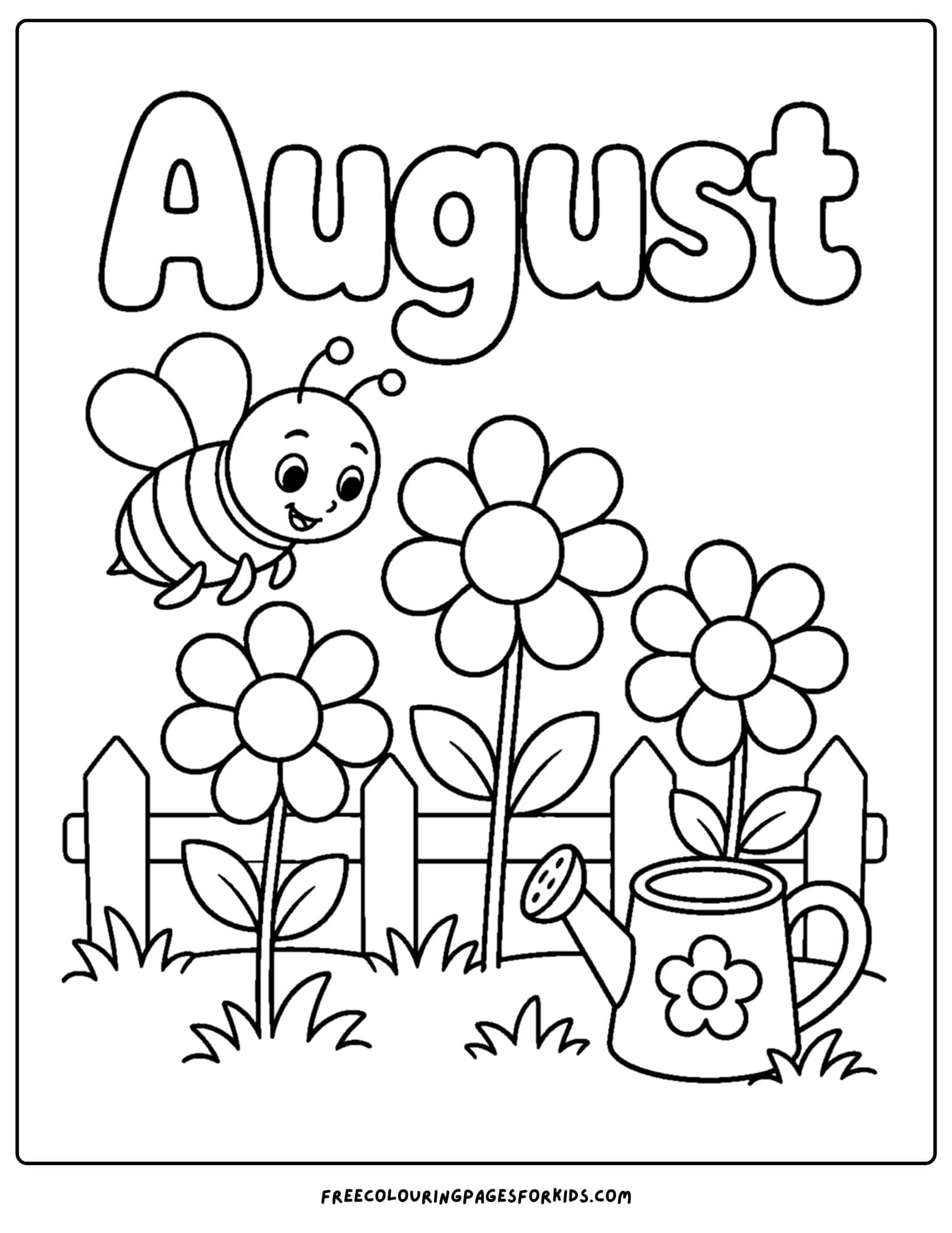 an august month of the year coloring page showing a honey bee on some flowers