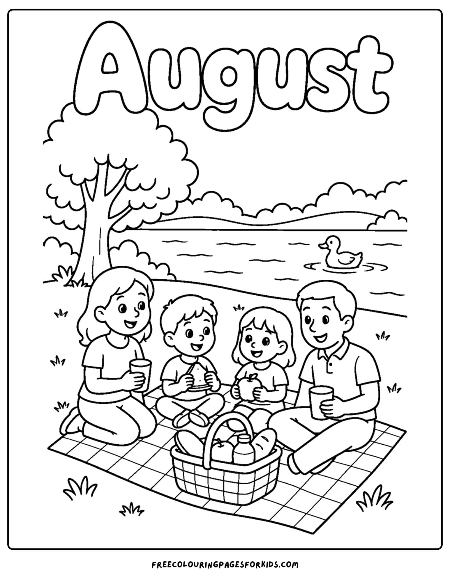 an august month of the year coloring page showing a family having a lake picnic