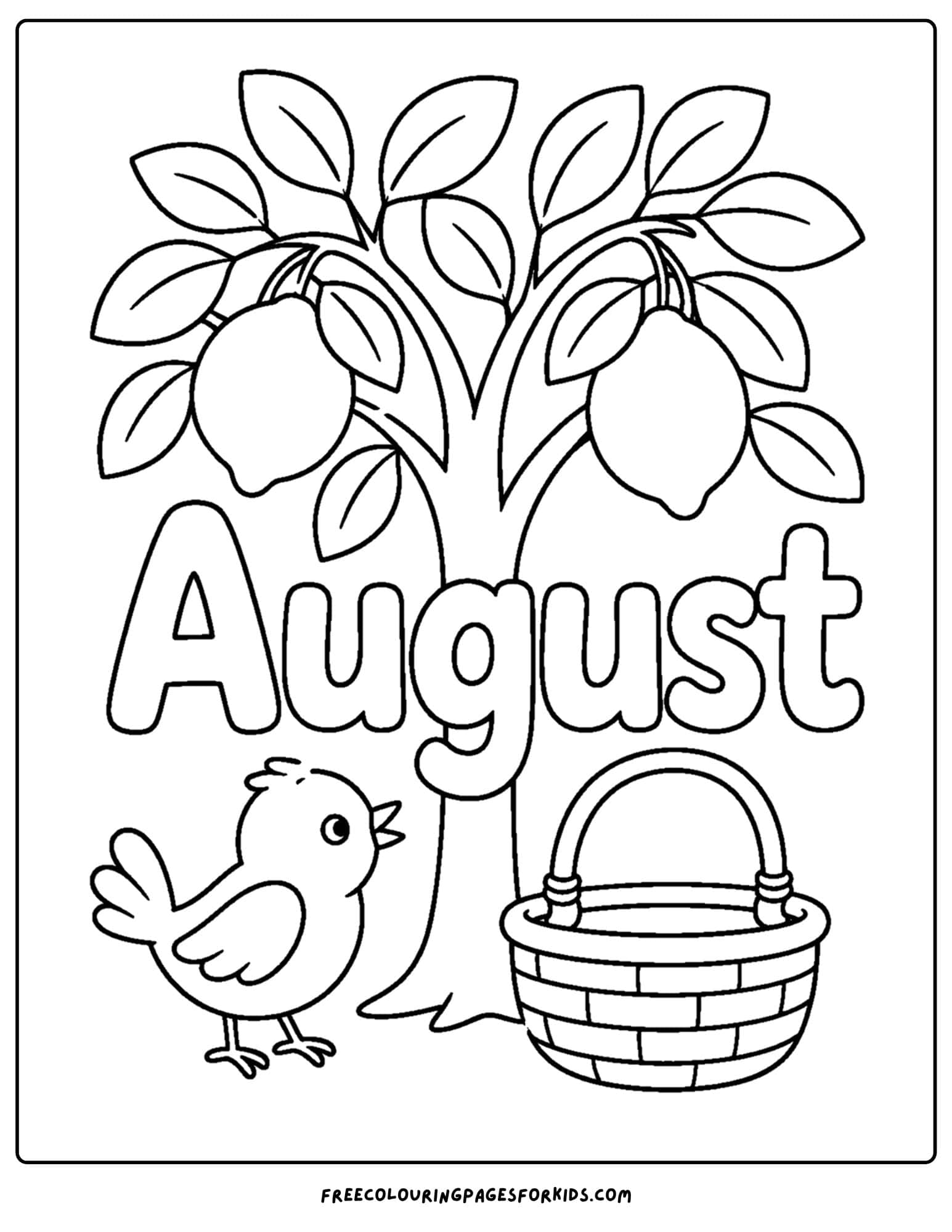 an august month of the year coloring page showing a lemon tree full of lemons