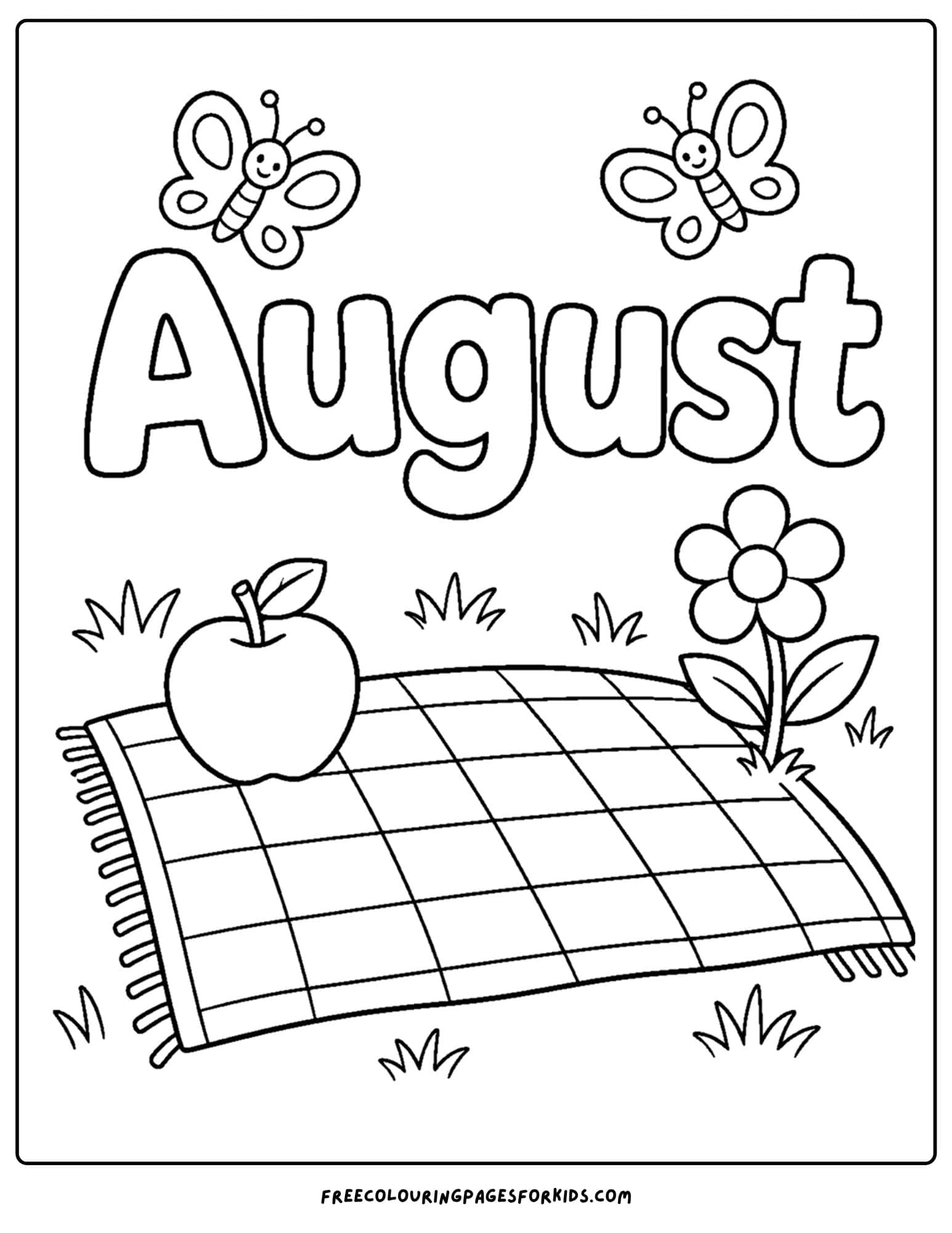 an august month of the year coloring page showing a picnic in a meadow