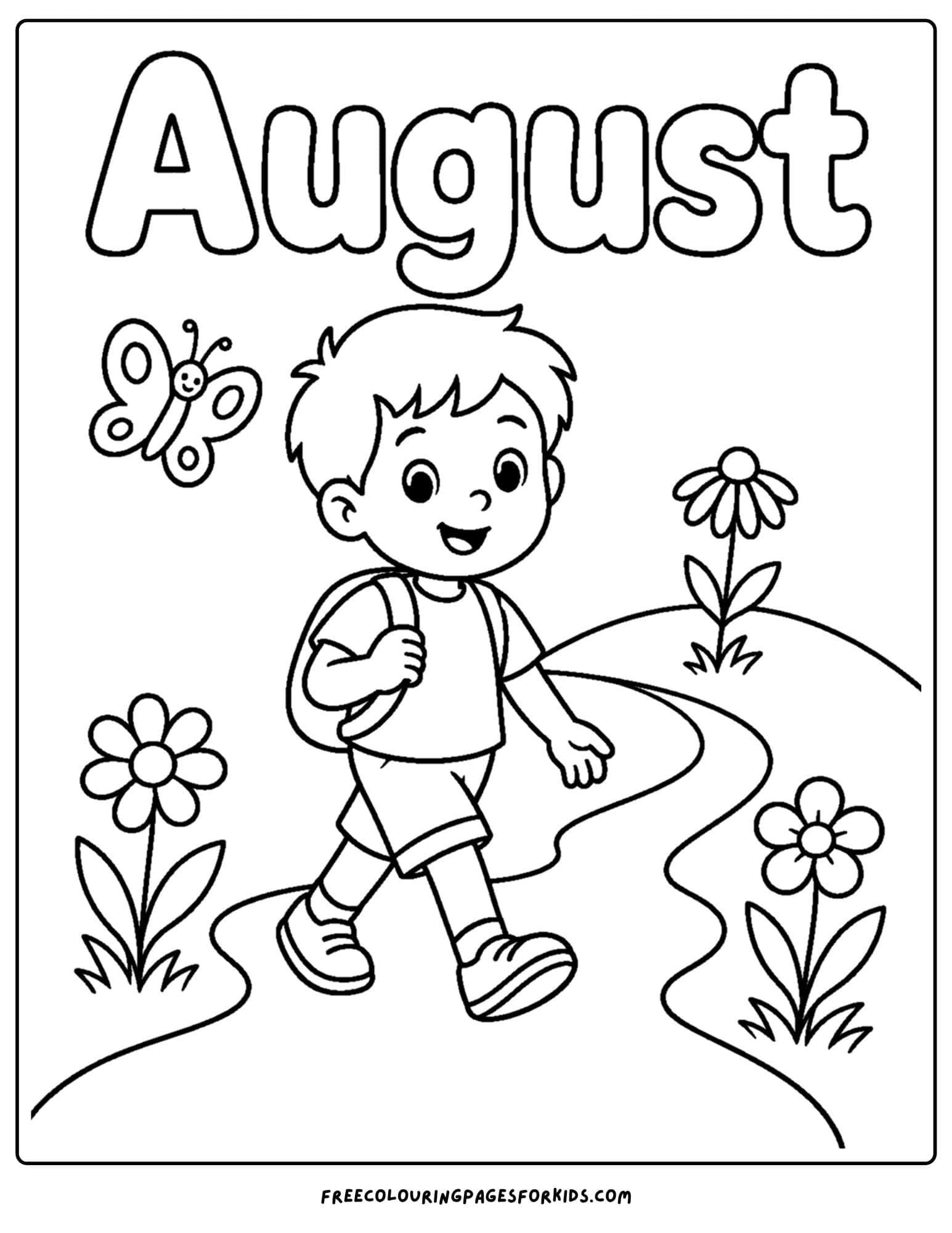 an august month of the year coloring page showing a child going on a nature walk