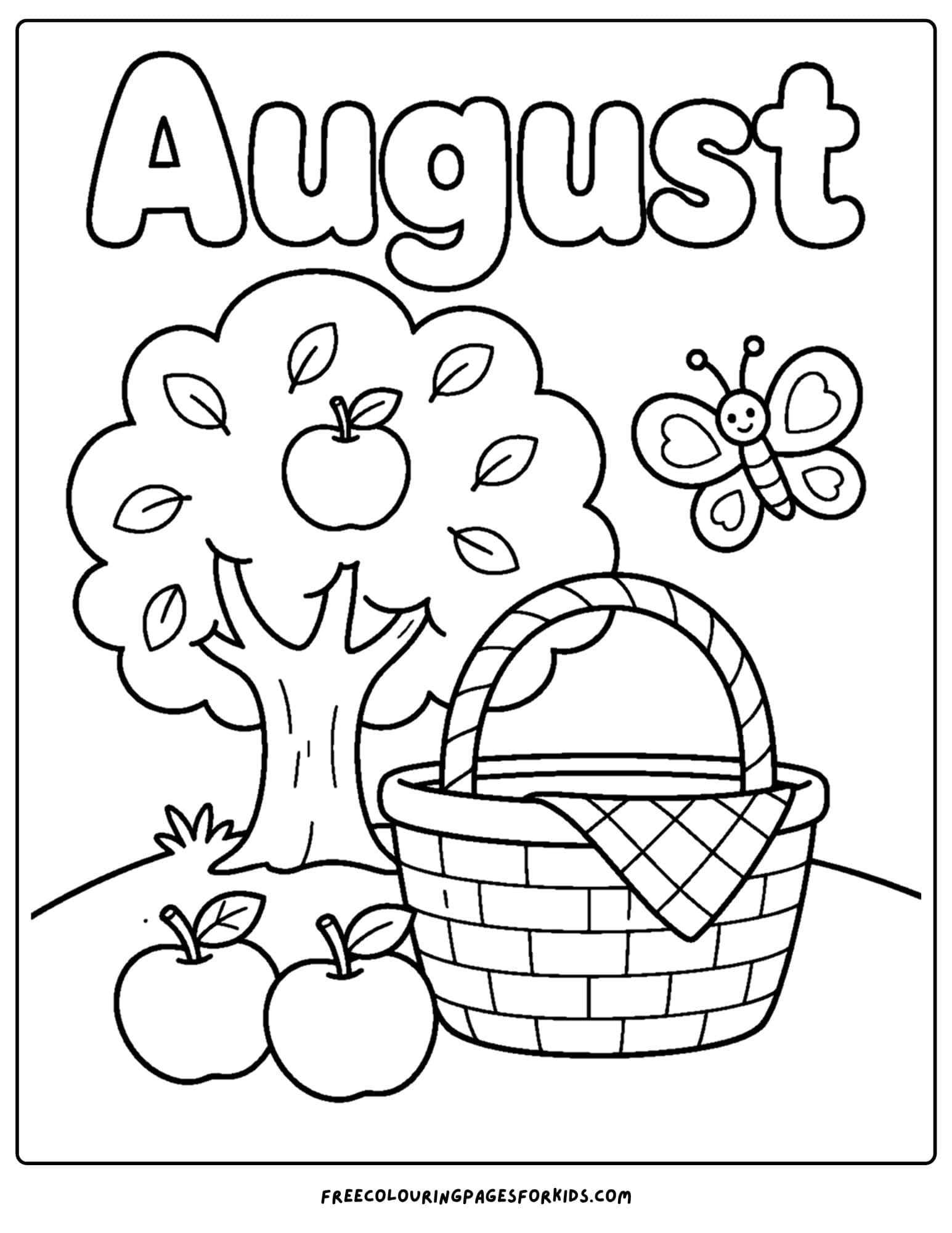 an august month of the year coloring page showing an orchard scene ready for a picnic