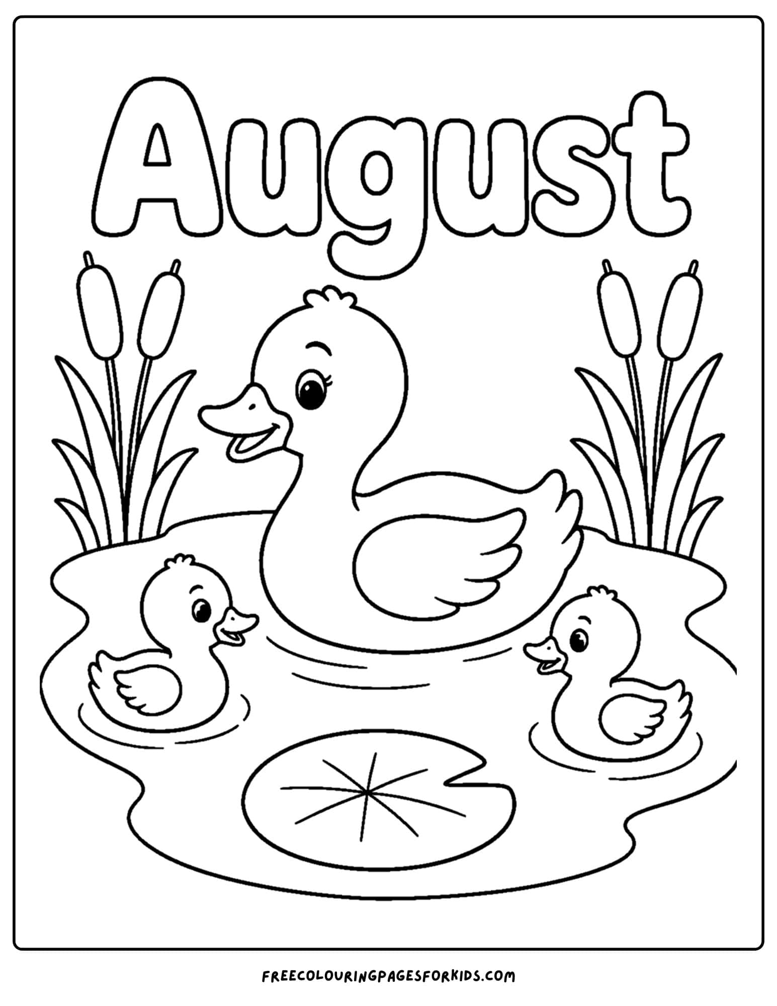 an august month of the year coloring page showing a duck on a pond