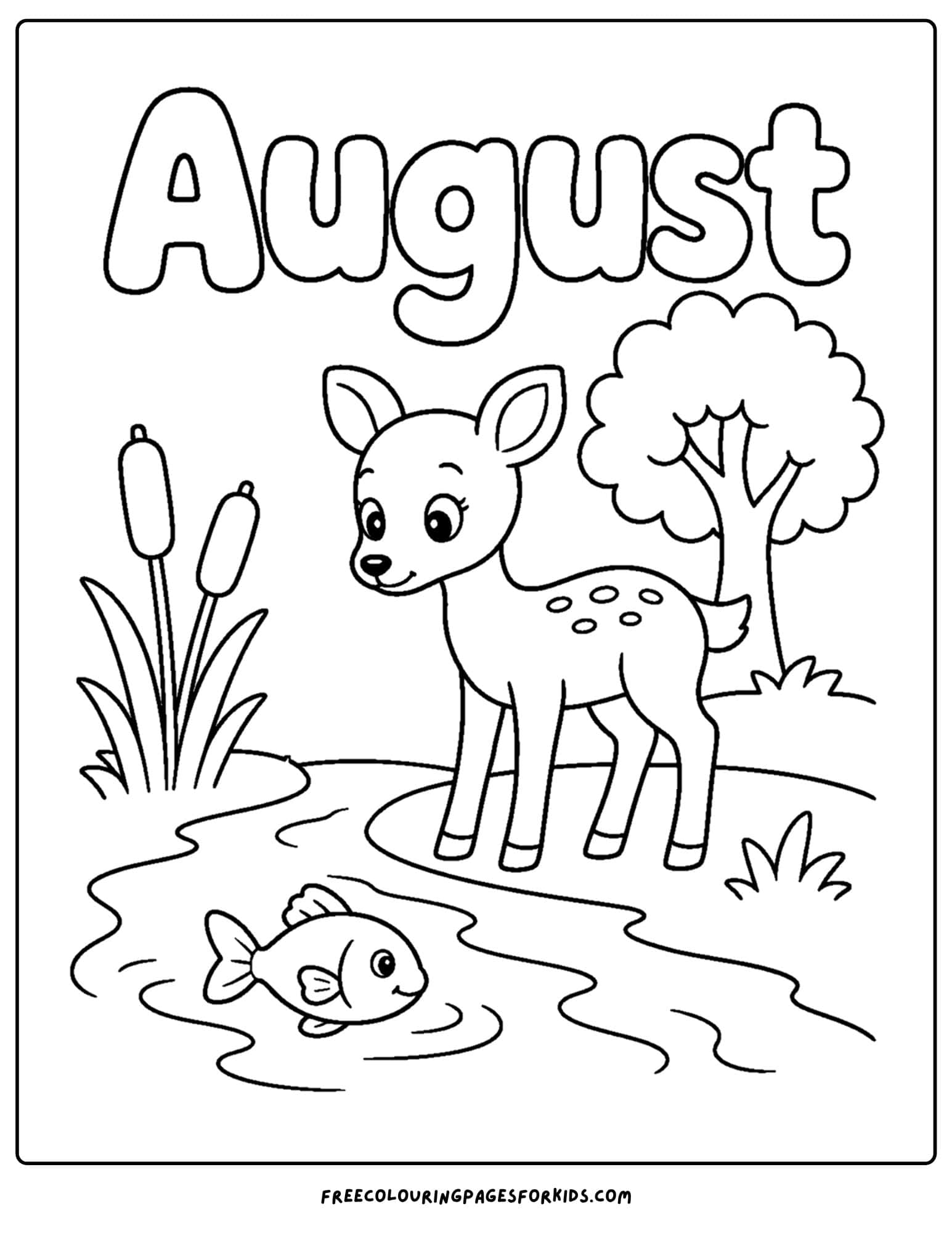 an august month of the year coloring page showing a deer stopping at a river for a drink