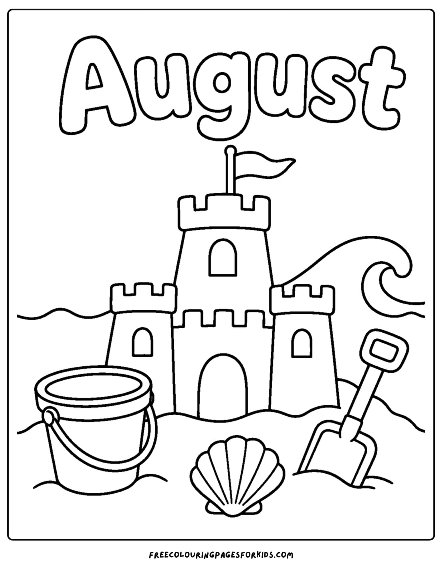 an august month of the year coloring page showing a sandcastle at the beach
