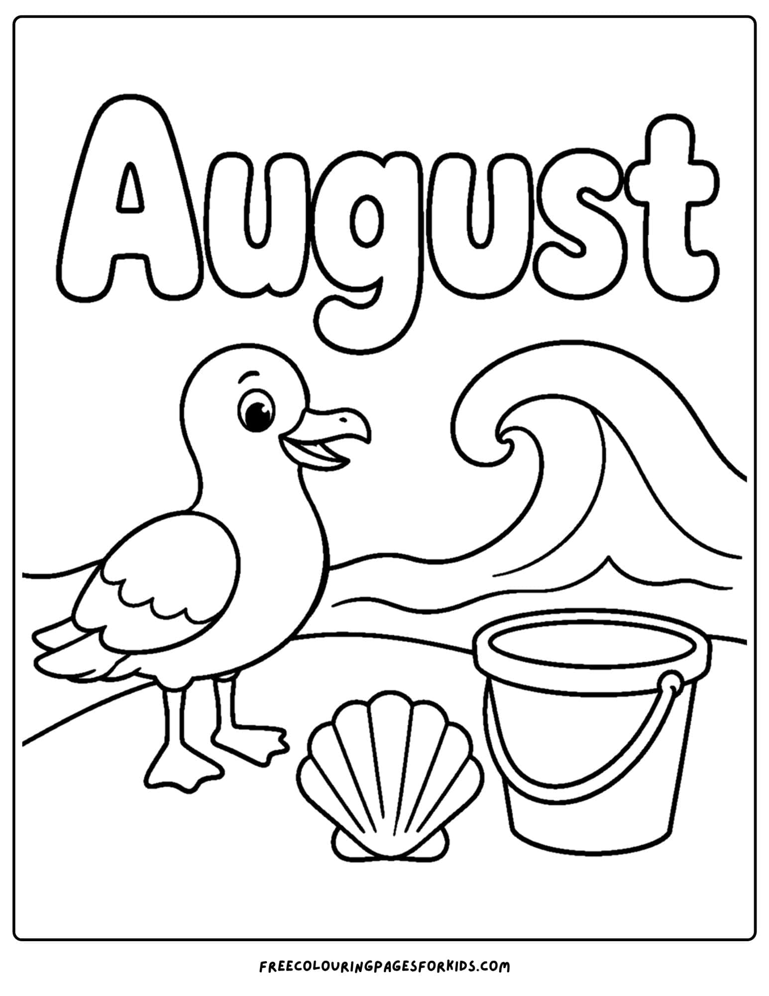 an august month of the year coloring page showing a seagull on the beach