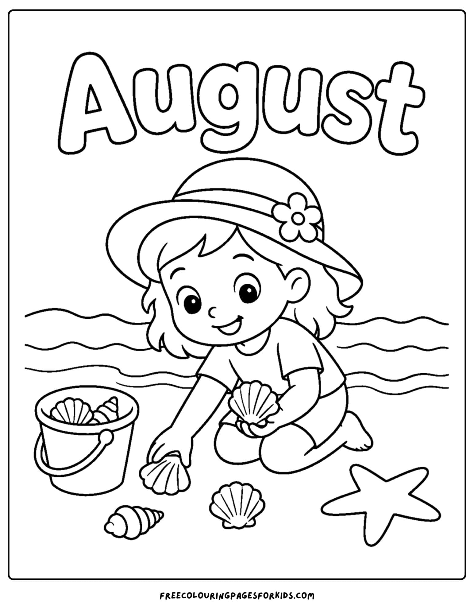 an august month of the year coloring page showing a child hunting for seashells at the beach