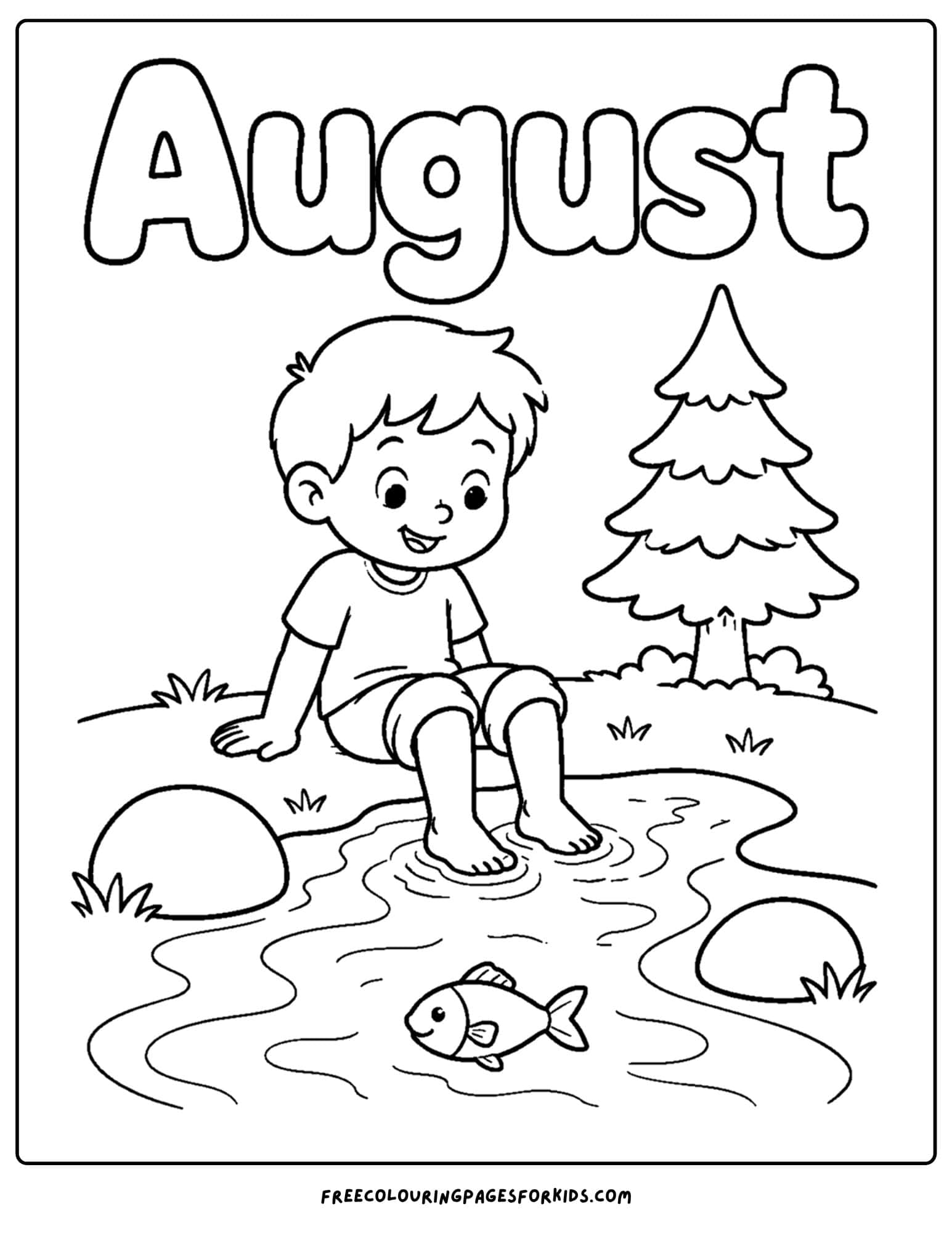 an august month of the year coloring page showing a child with their feet in a cool stream