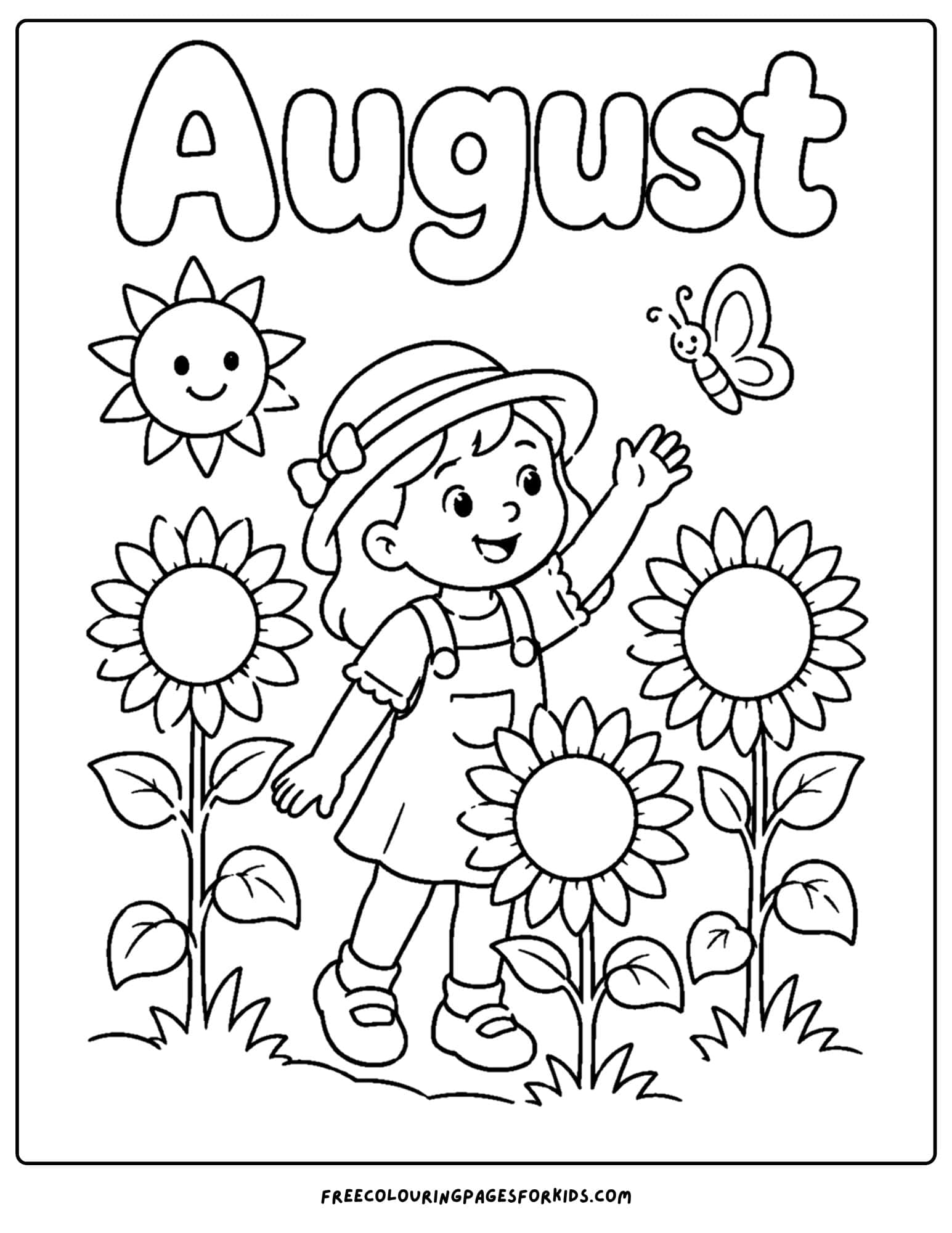an august month of the year coloring page showing a child in a sunflower field