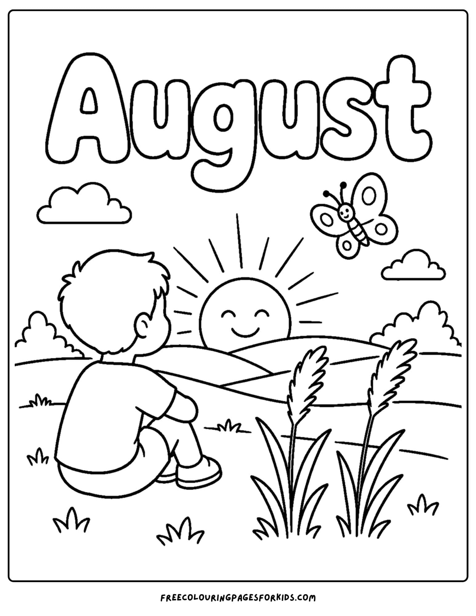 an august month of the year coloring page showing a child watching a sunset over a field