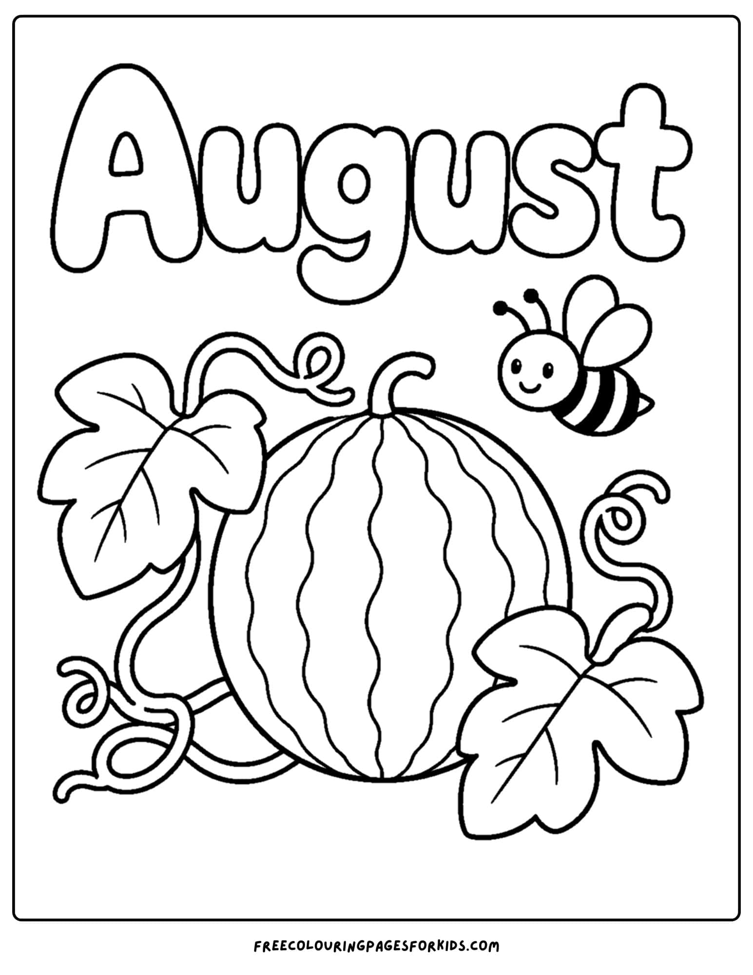 an august month of the year coloring page showing a watermelon and a bee