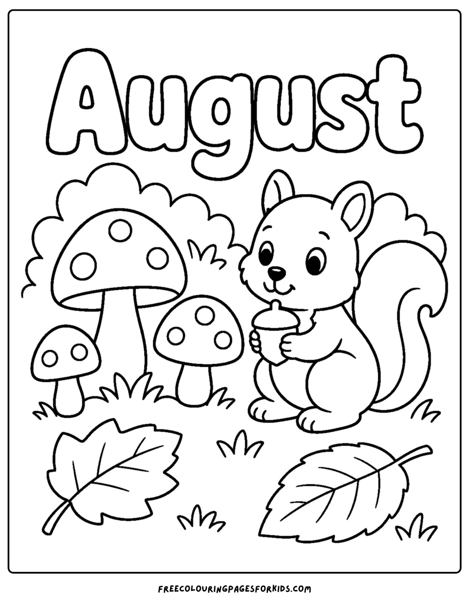 an august month of the year coloring page showing a squirrel in a woodland scene