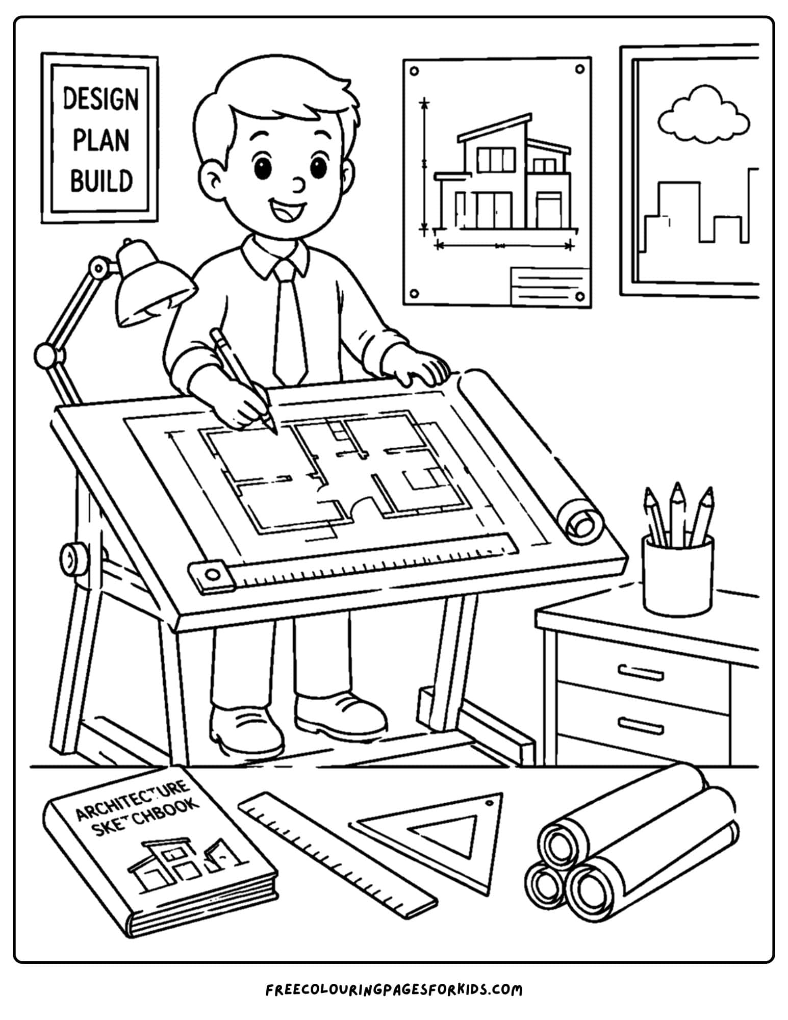 a career coloring page showing an architect with some building plans