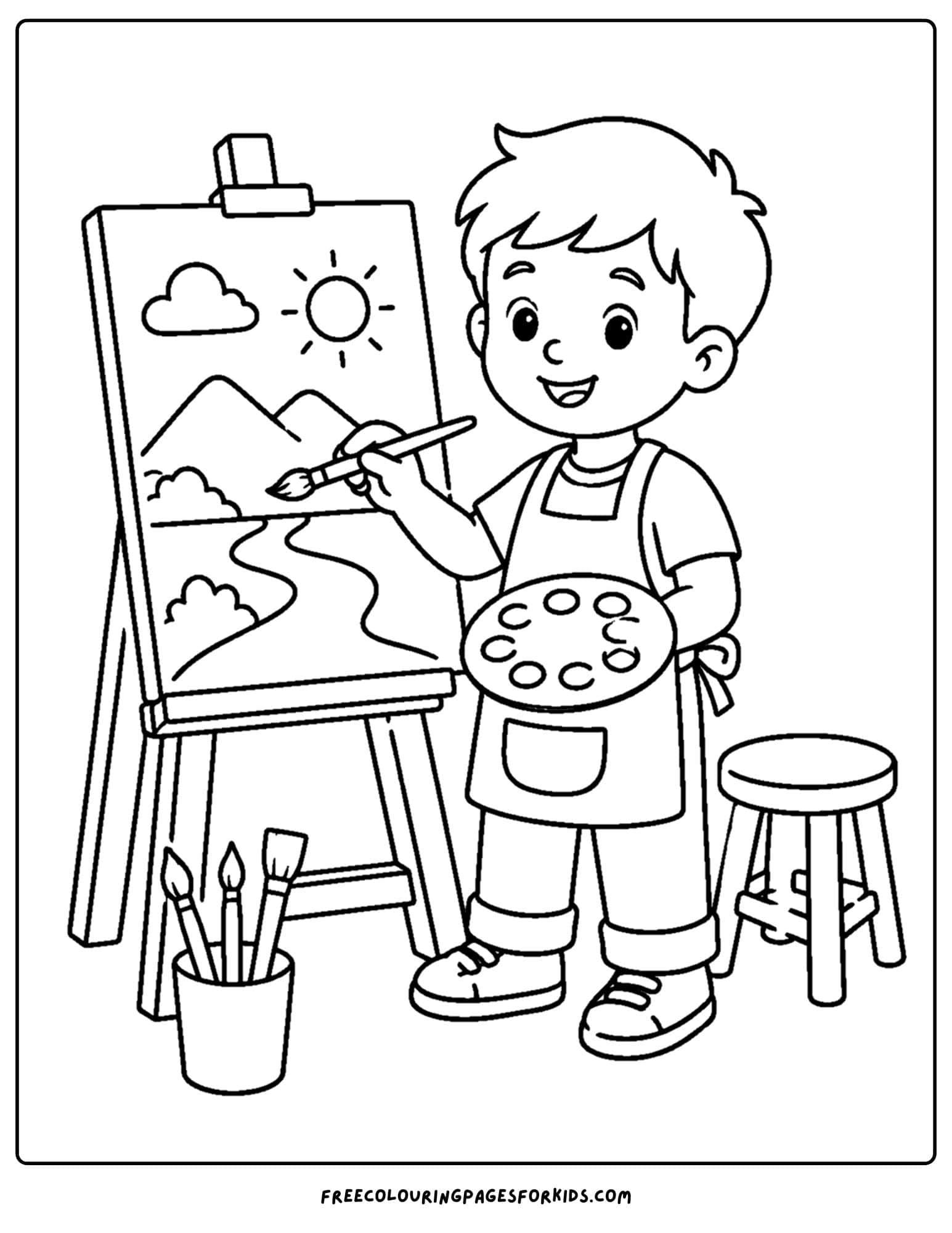 a career coloring page showing an artist painting a landscape