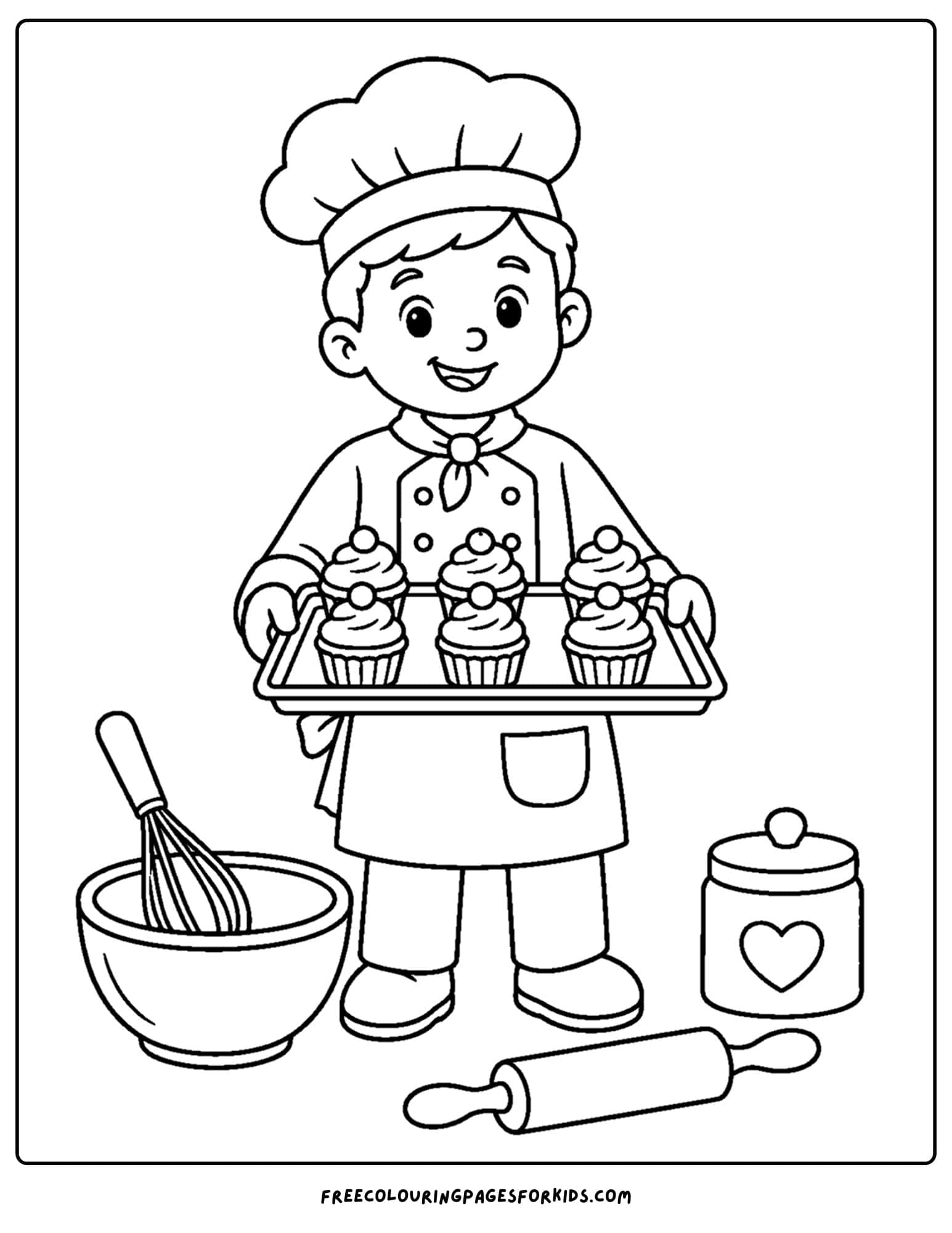 a career coloring page showing a baker with a tray of cupcakes