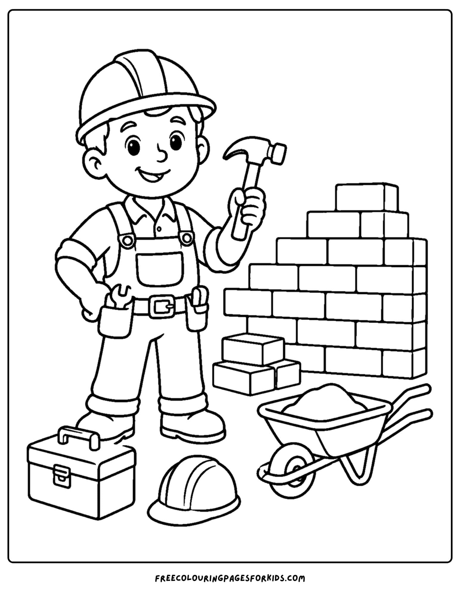 a career coloring page showing a builder on a work site
