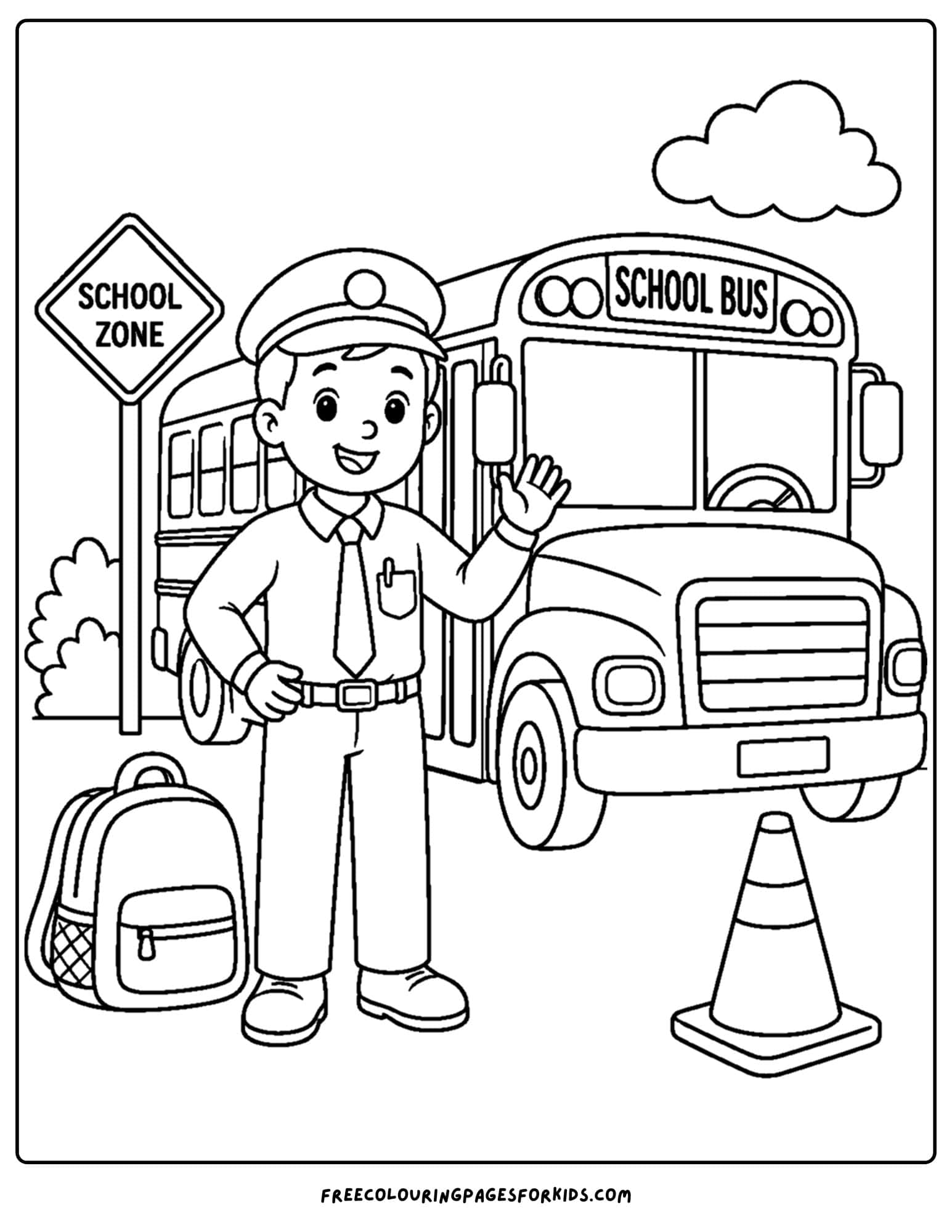 a career coloring page showing a bus driver with a school bus