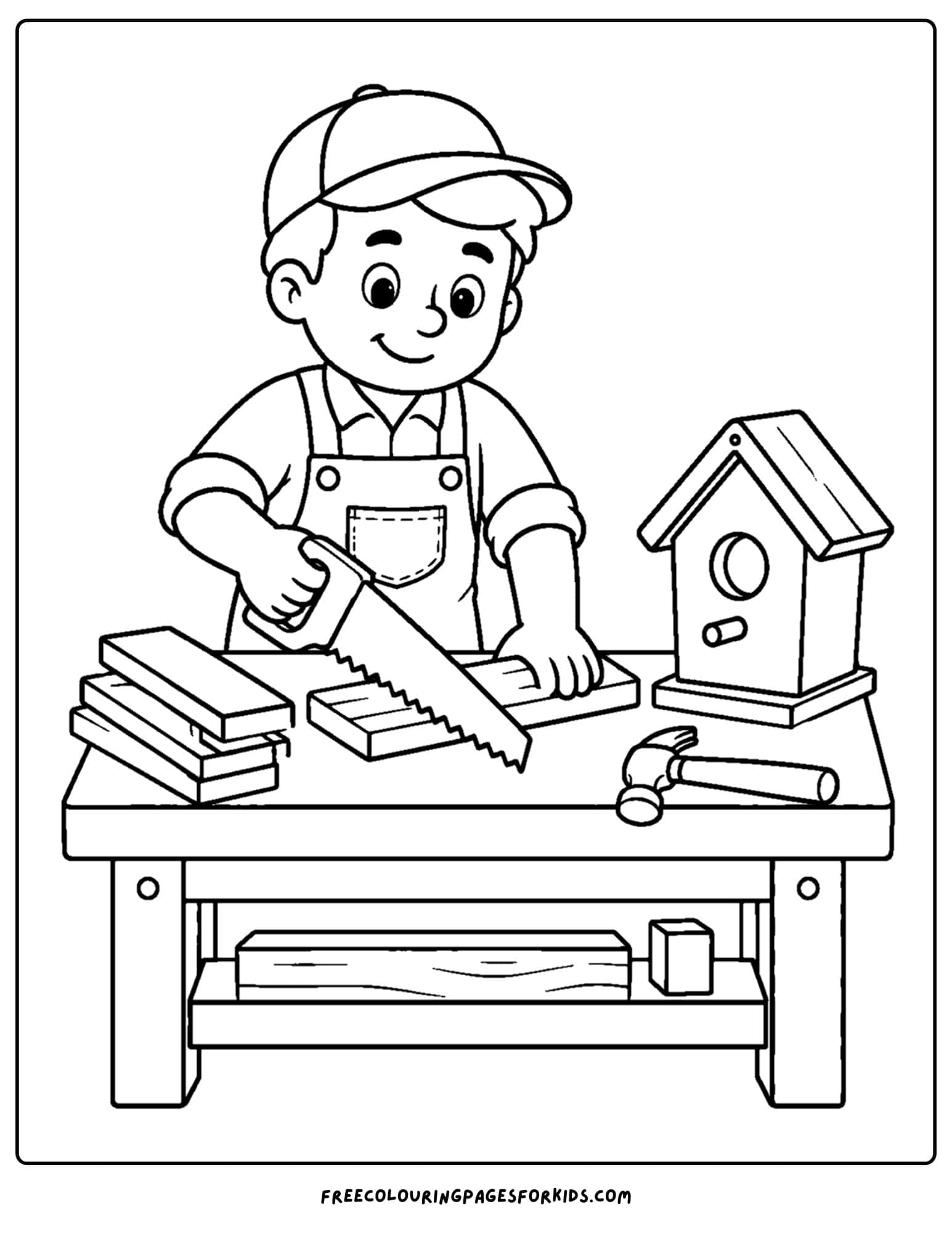 a career coloring page showing a carpenter building a birdhouse