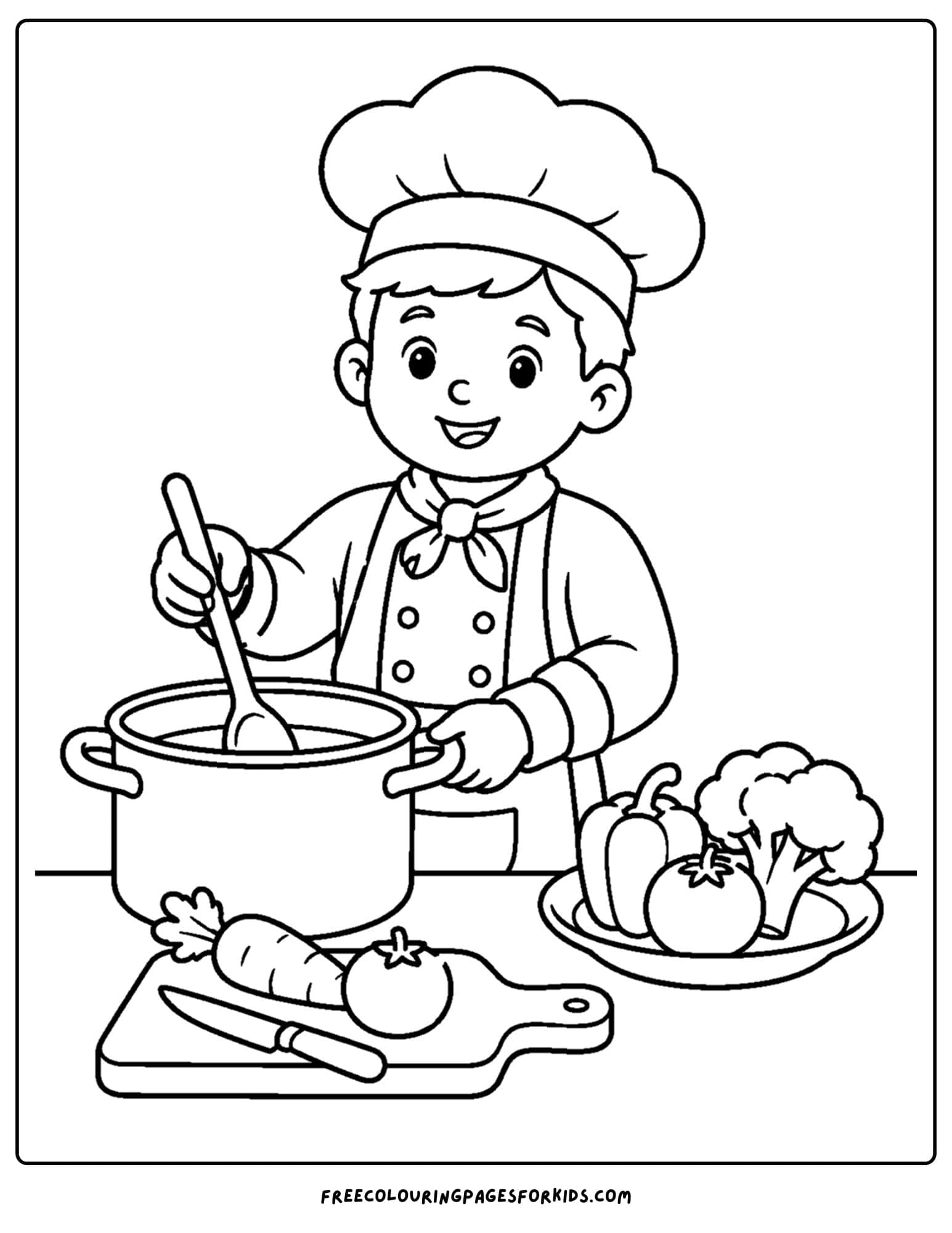 a career coloring page showing a chef in the kitchen