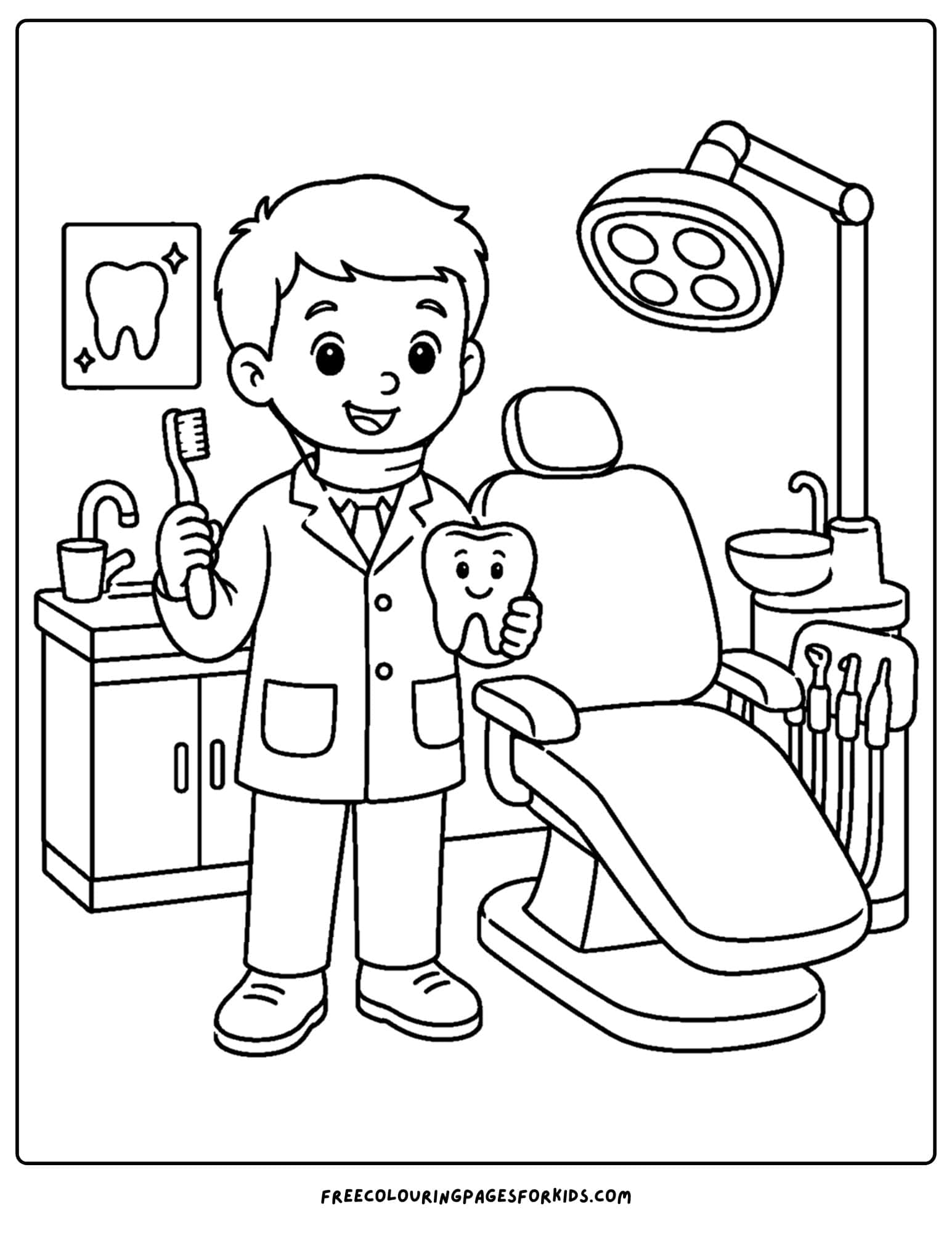 a career coloring page showing a dentist in their surgery