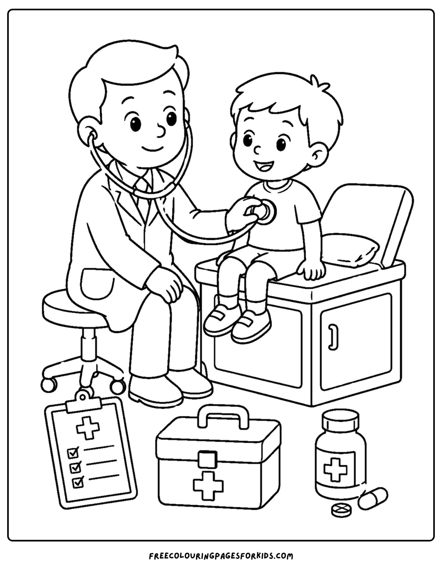 a career coloring page showing a doctor helping a patient