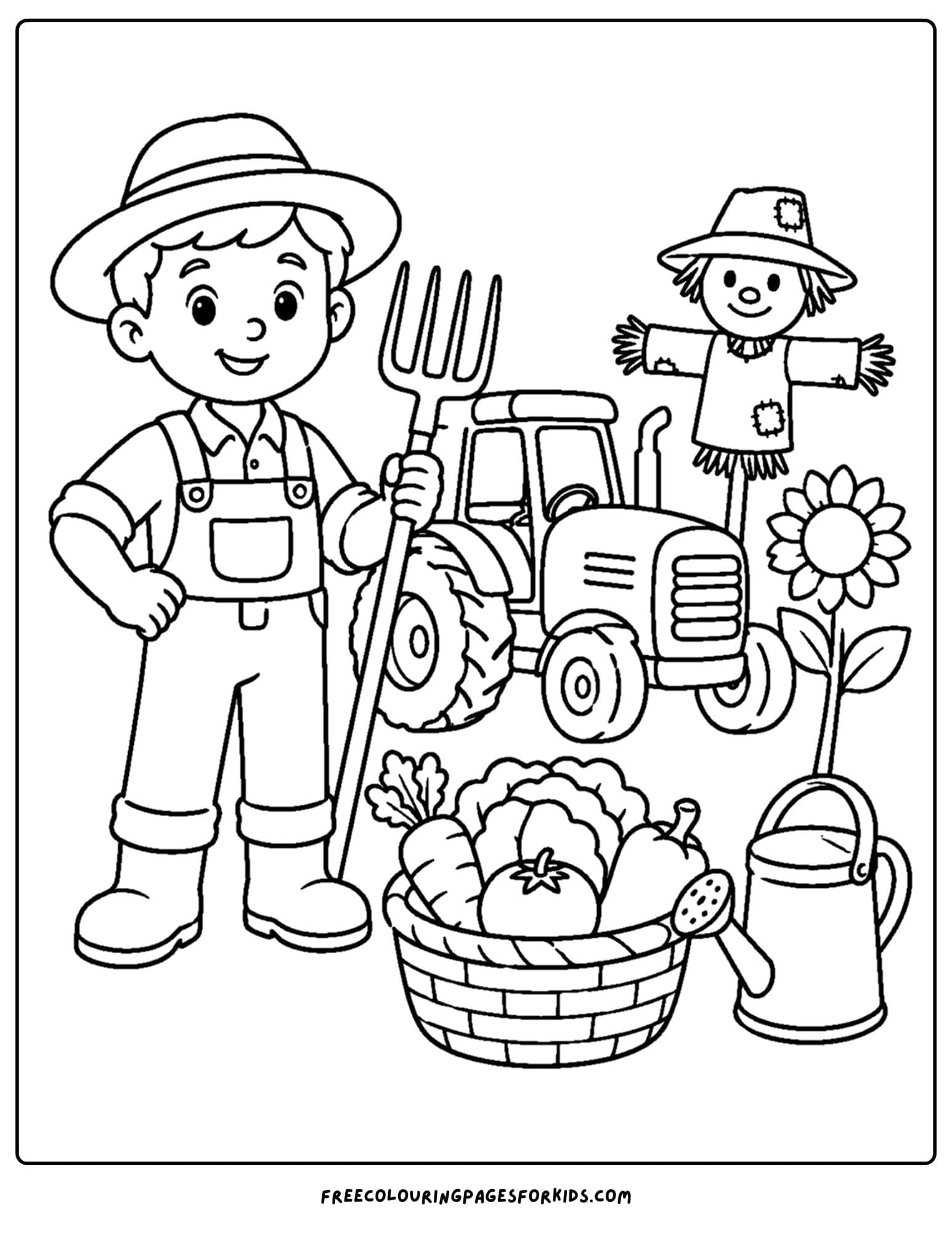 a career coloring page showing a farmer in a field