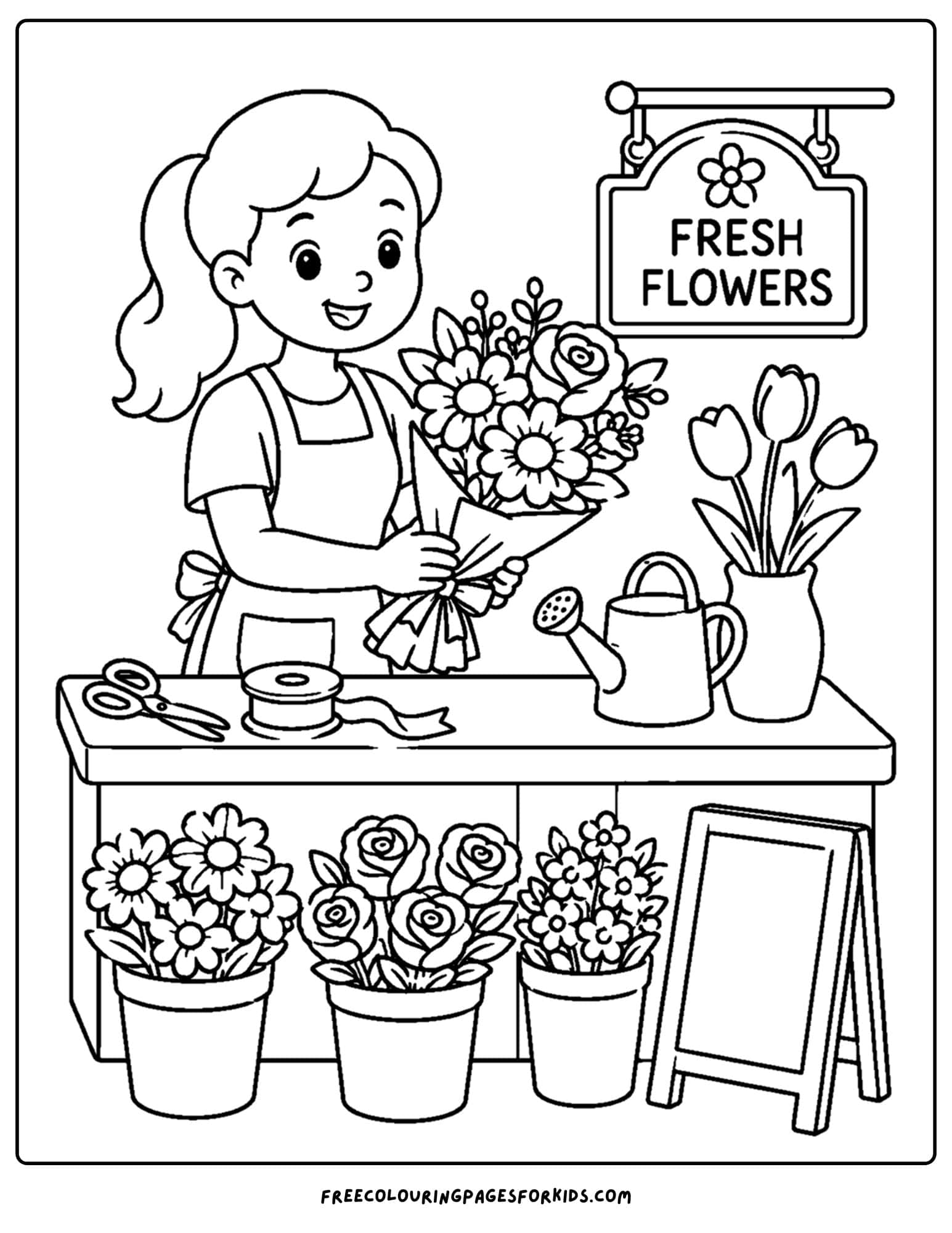 a career coloring page showing a florist arranging flowers