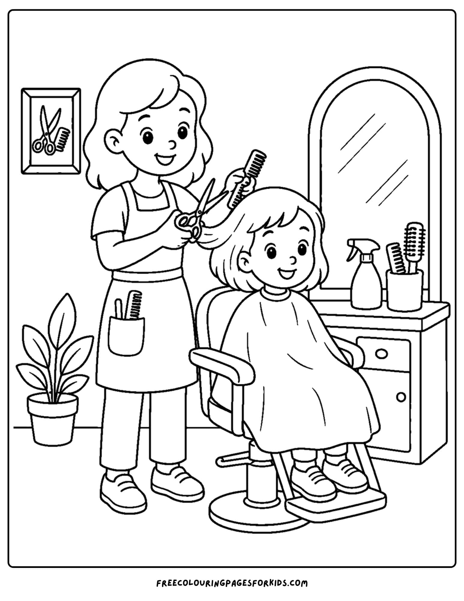 a career coloring page showing a haridresser in a salon