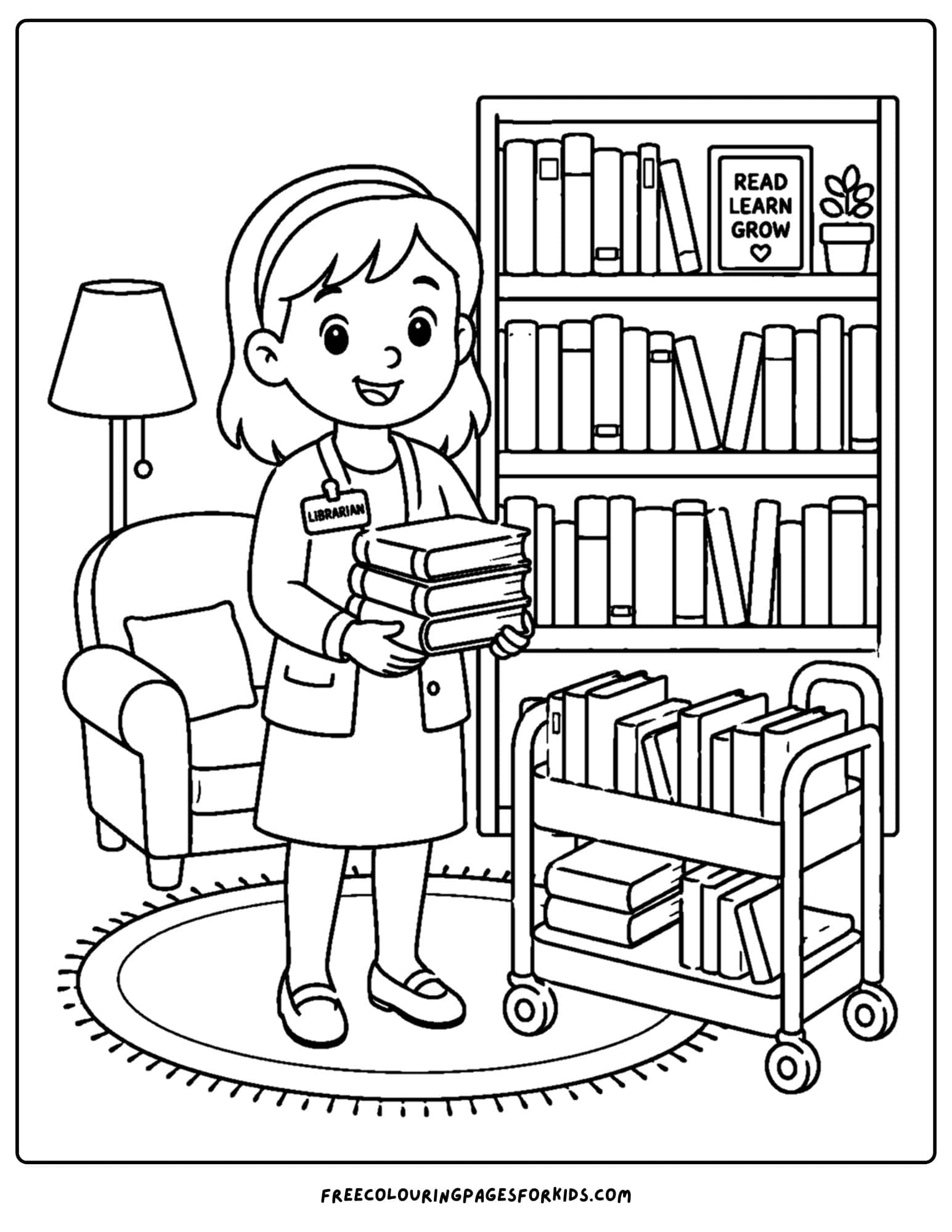 a career coloring page showing a librarian with books