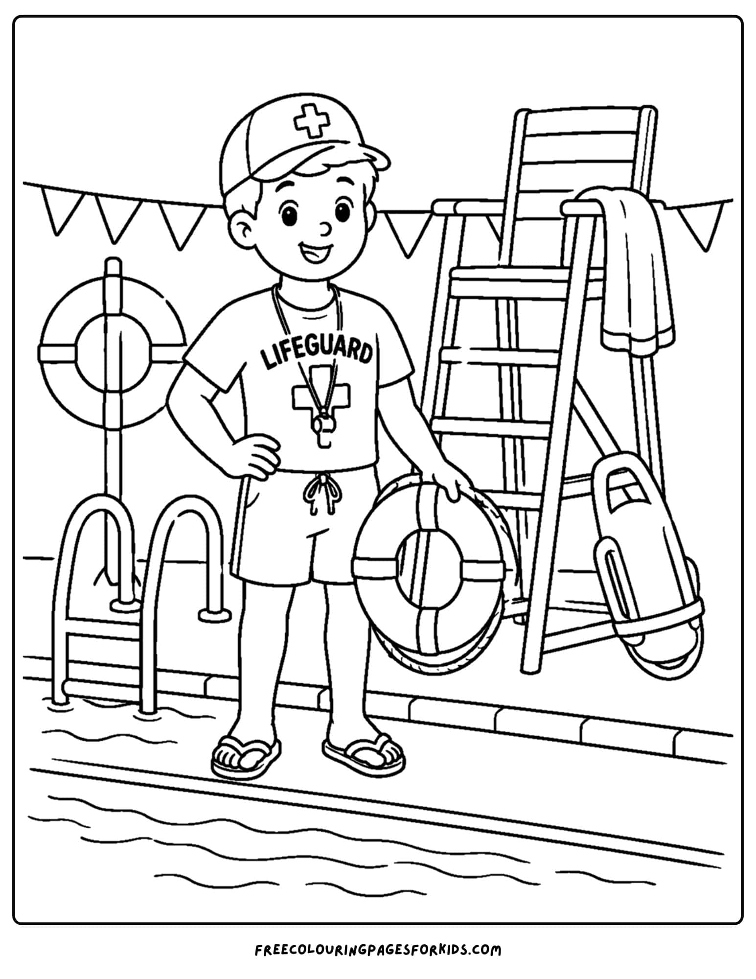 a career coloring page showing a lifeguard working at the pool
